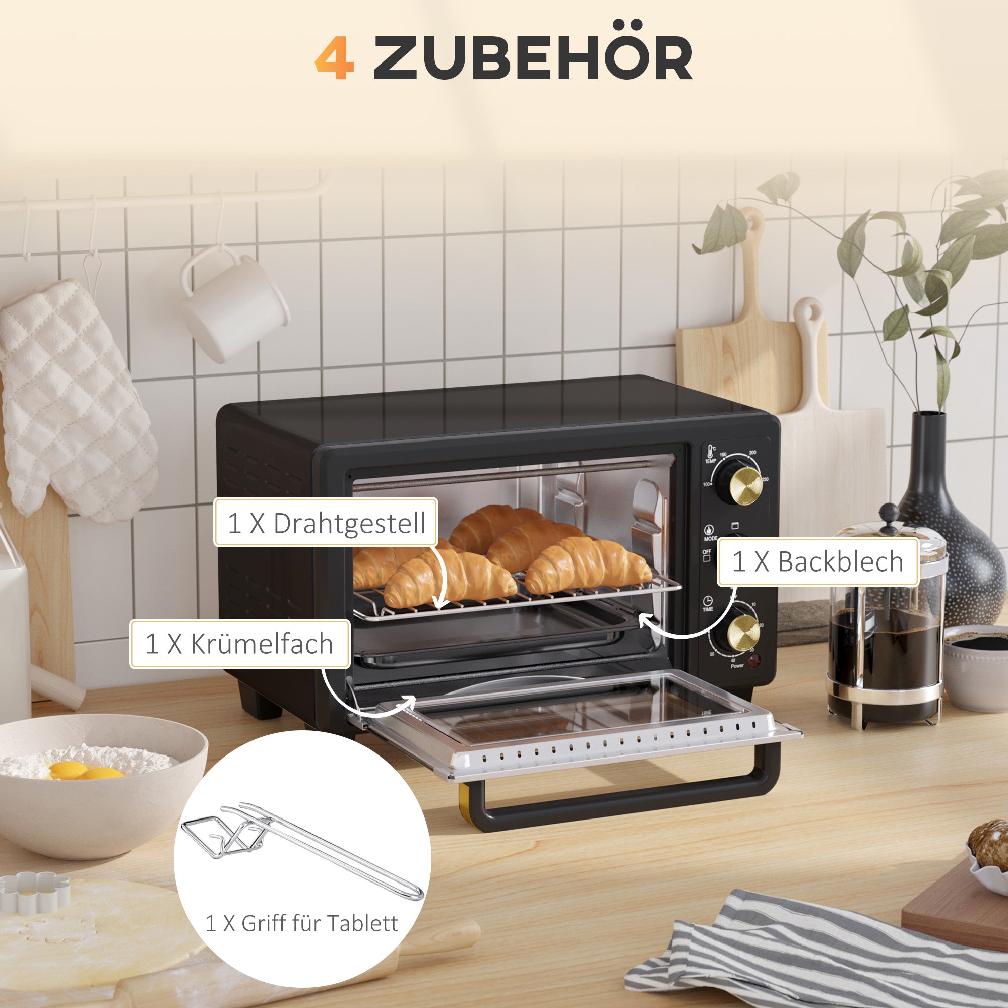 HOMCOM Mini-Ofen, Toasterofen, Timer, Gitterrost, Backblech, Glasfenster, Metall, Schwarz