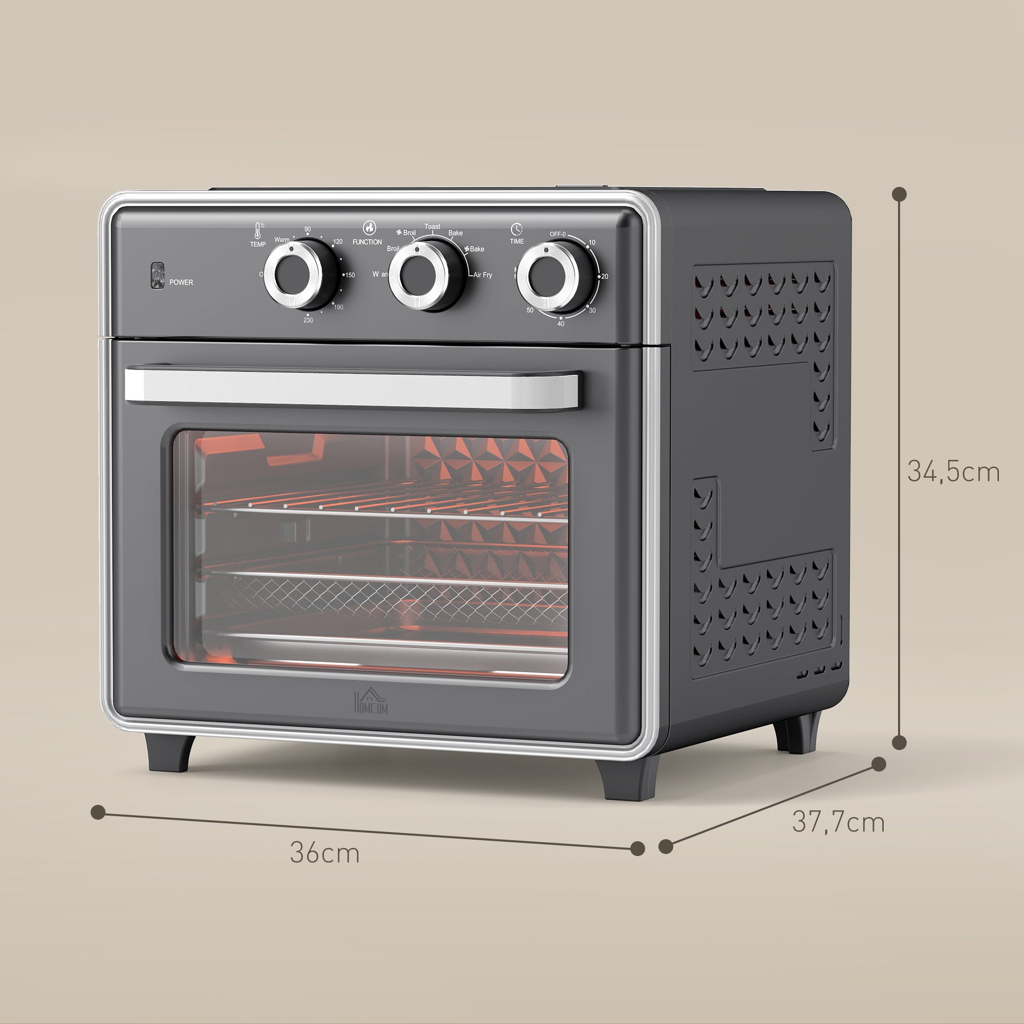 HOMCOM Minibackofen, 20L, 5 Funktionen, 360° Heißluft, Grillrost, Krümelblech, Grau