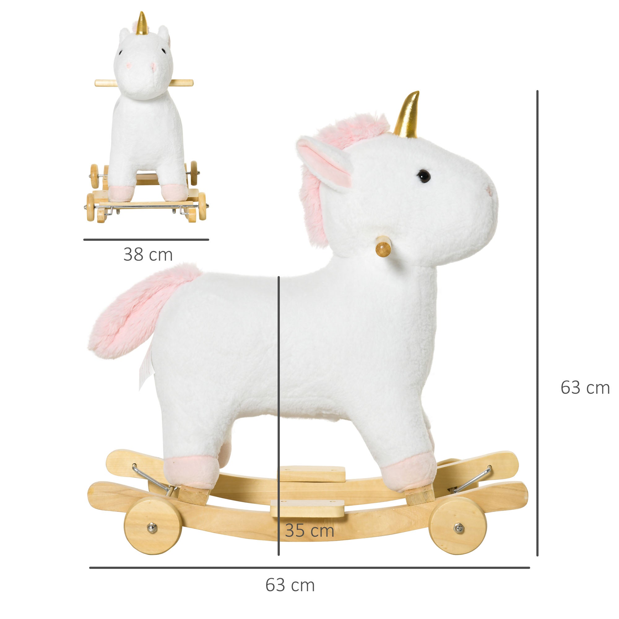 HOMCOM 2-IN-1 Schaukelpferd mit Räder Plüsch Schaukeltier Babyschaukel Spielzeug Weiß 63 x 38 x 63 cm