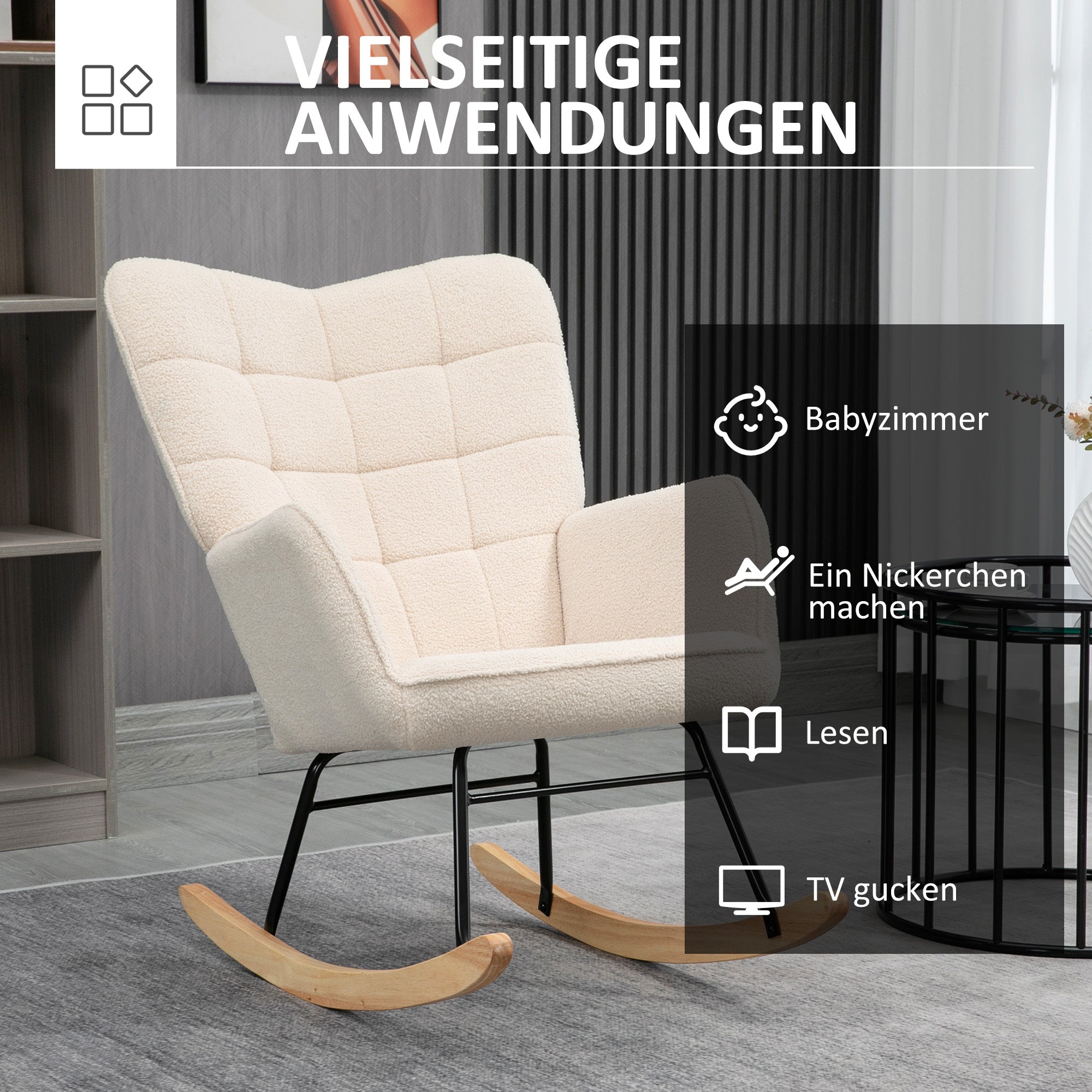 HOMCOM Schaukelstuhl im Retro-Design, Massivholz, Sessel, Relaxsessel, 98 cm x  71 cm x 101 cm, Beige