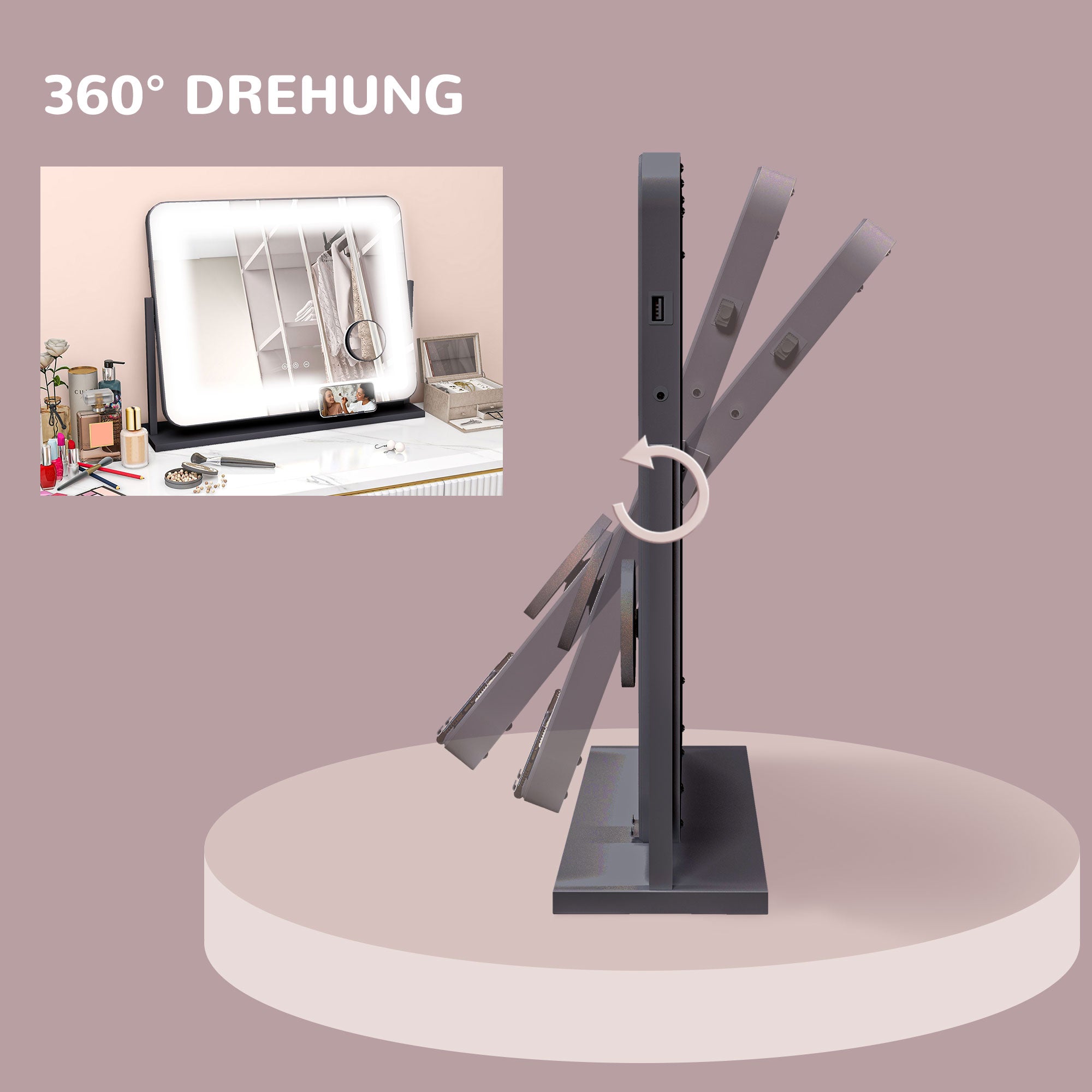 HOMCOM Schminkspiegel mit LED-Lampen, USB-Anschluss, 3 Modi, drehbar, Schwarz