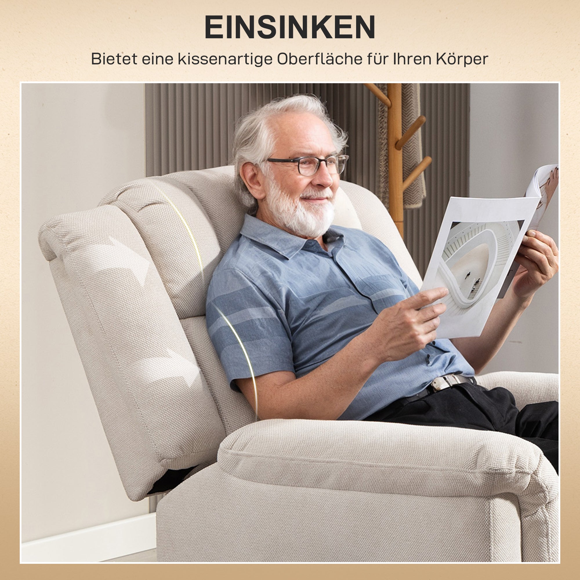 HOMCOM Powerlift-Sessel, Massagesessel mit Wärmefunktion, Polstersessel mit Fußstütze, Seitentasche, Stoffbezug, Beige