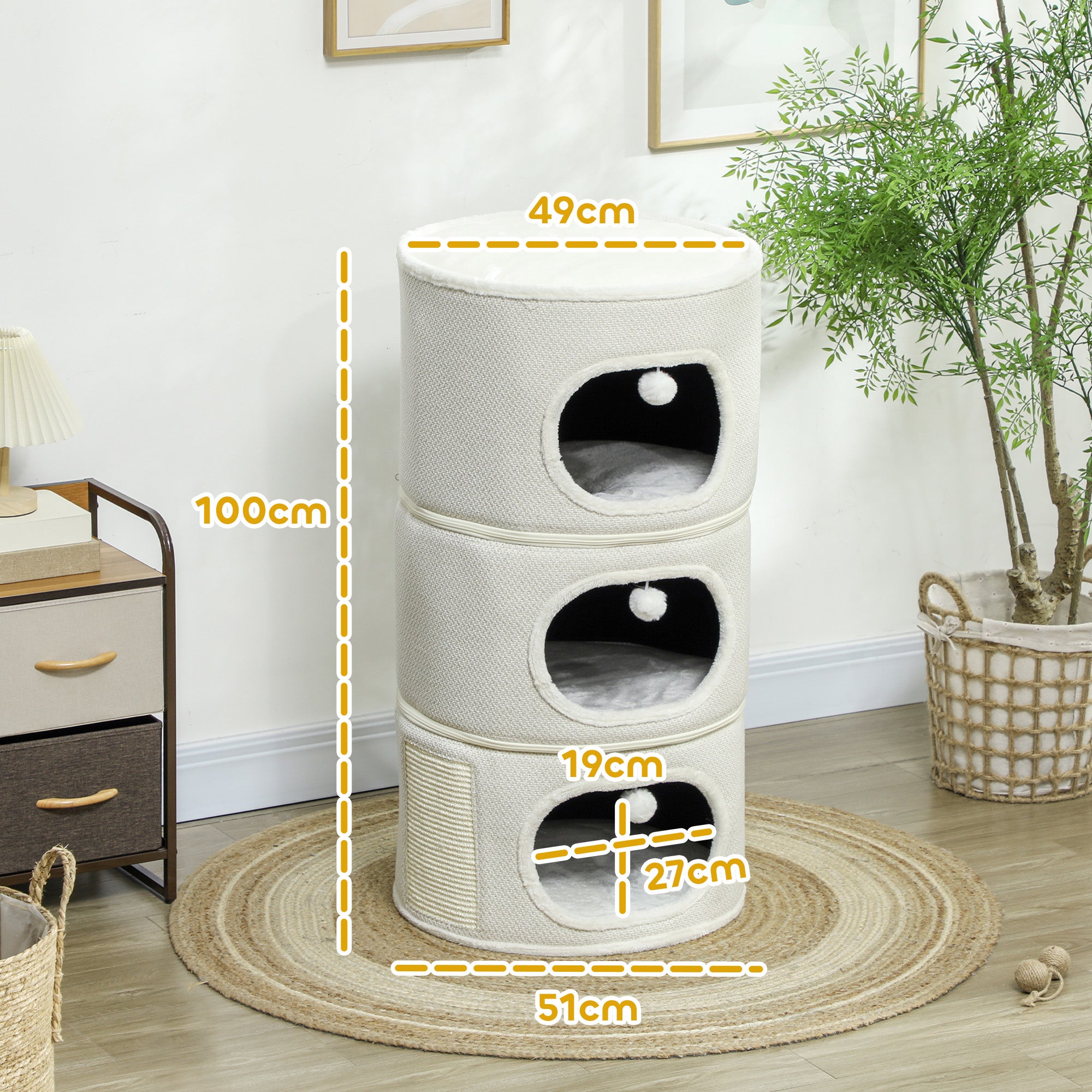 PawHut Katzenfass, 4 Ebenen, mit Kissen, Kratzmatte, Spielbällen, Katzenhaus für Innenbereich, Beige