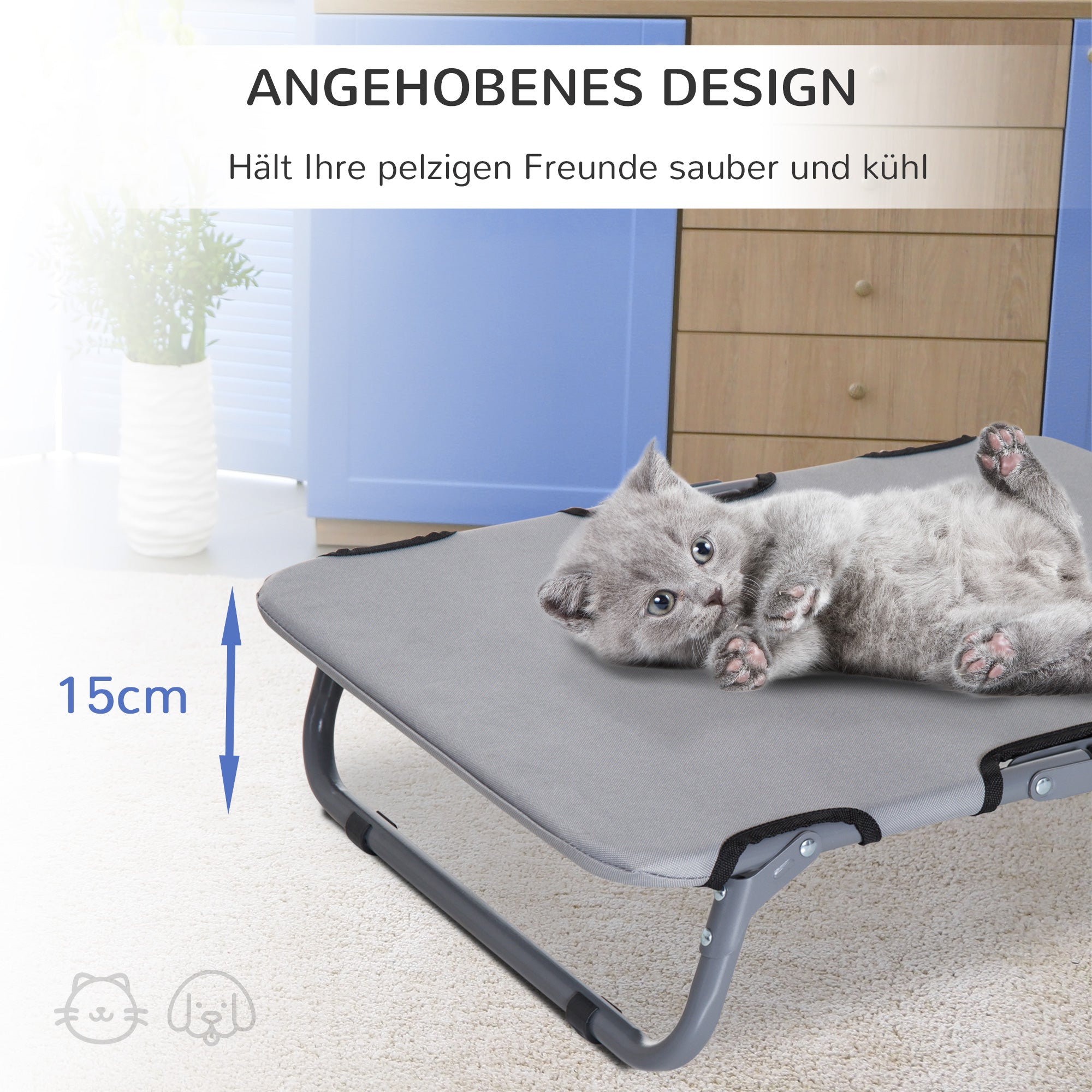 PawHut Hundeliege Outdoor, klappbar Erhöhtes Hundebett für kleine Hunde, Kühlendes Haustierliege mit Stahlrahmen, Haustierbett für Draußen Camping, 59 x 46 x 15 cm, Grau