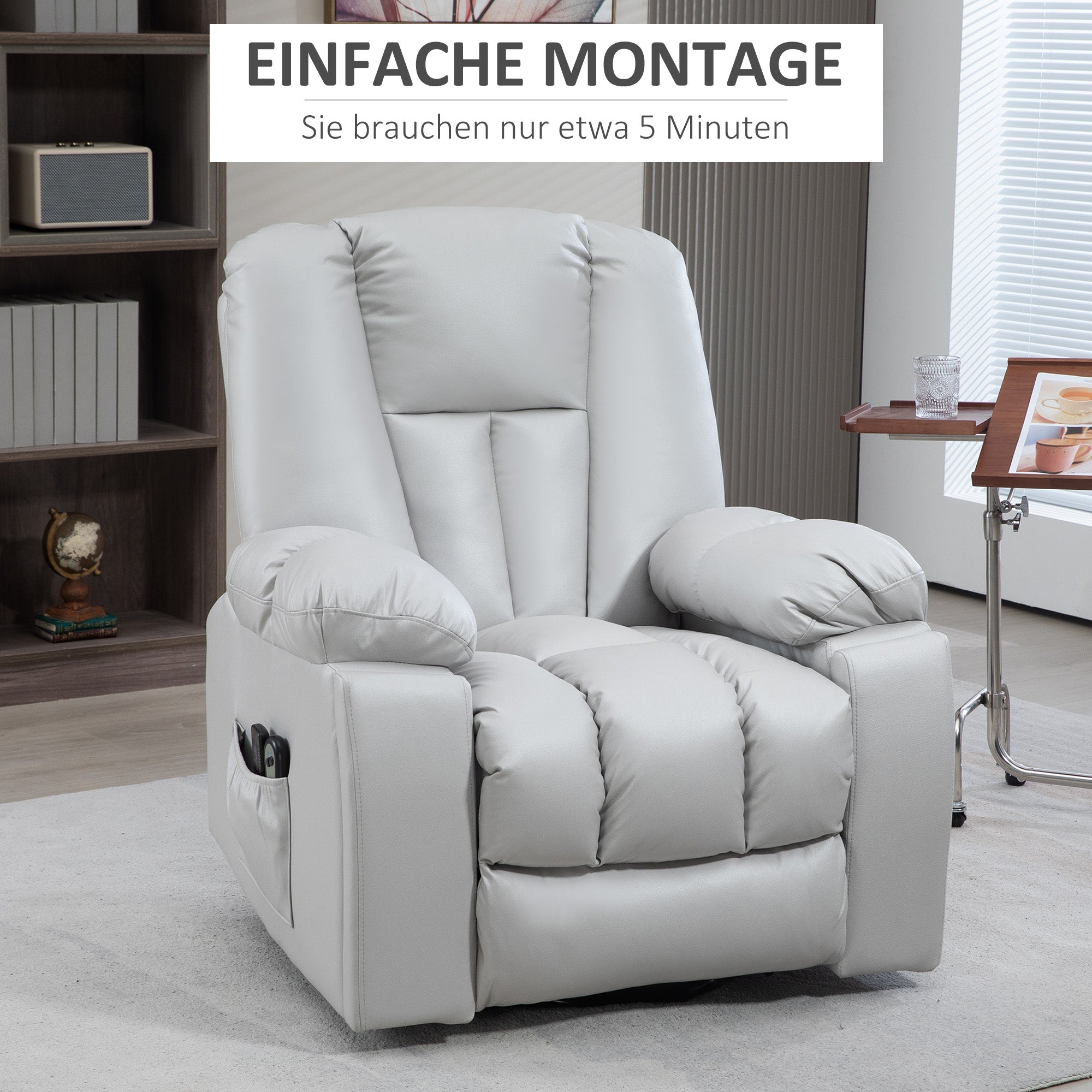 HOMCOM Massagesessel Relaxsessel Seniorensessel, Fernbedienung, Seitentaschen, 94 cm x 96 cm x 106 cm, Grau