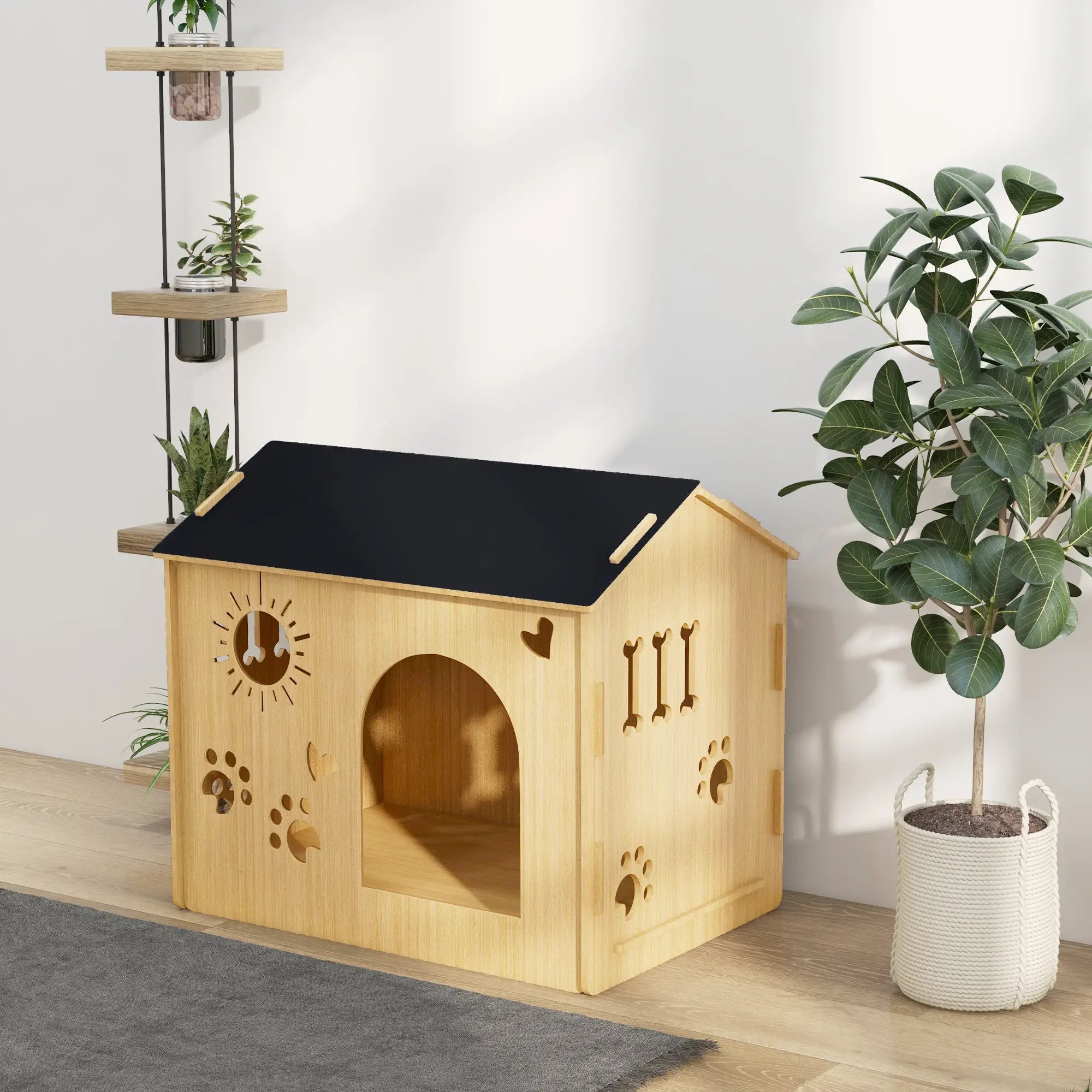 PawHut Hundehütte, mit Lüftungsöffnungen, wetterfest, Holzmaterial, Schwarz+Holzfarbe, 69 x 50 x 58,5 cm