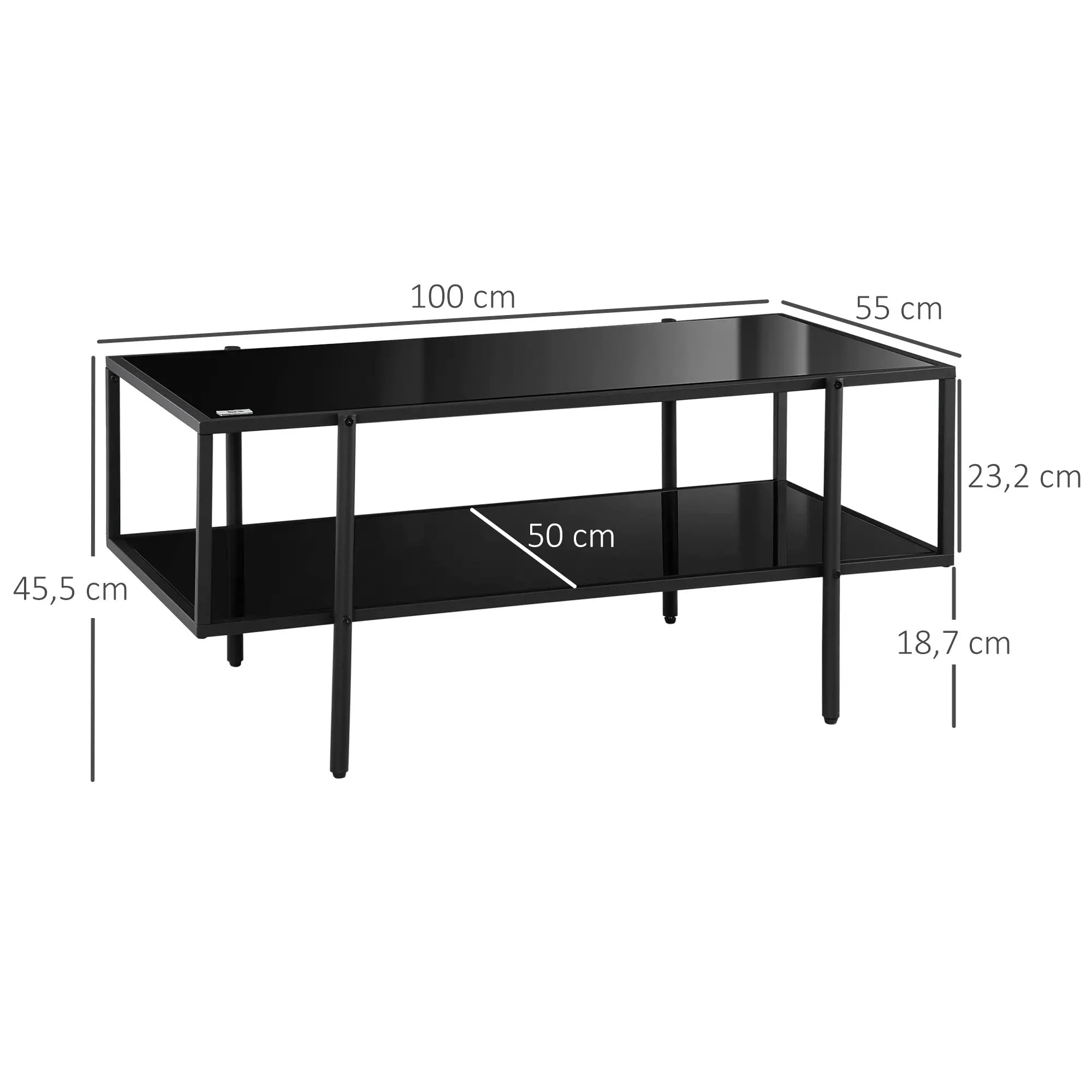 HOMCOM Couchtisch mit Ablage, verstellbare Füße, Stahlrahmen, Glasplatte, 100 x 55 x 45,5 cm, Schwarz