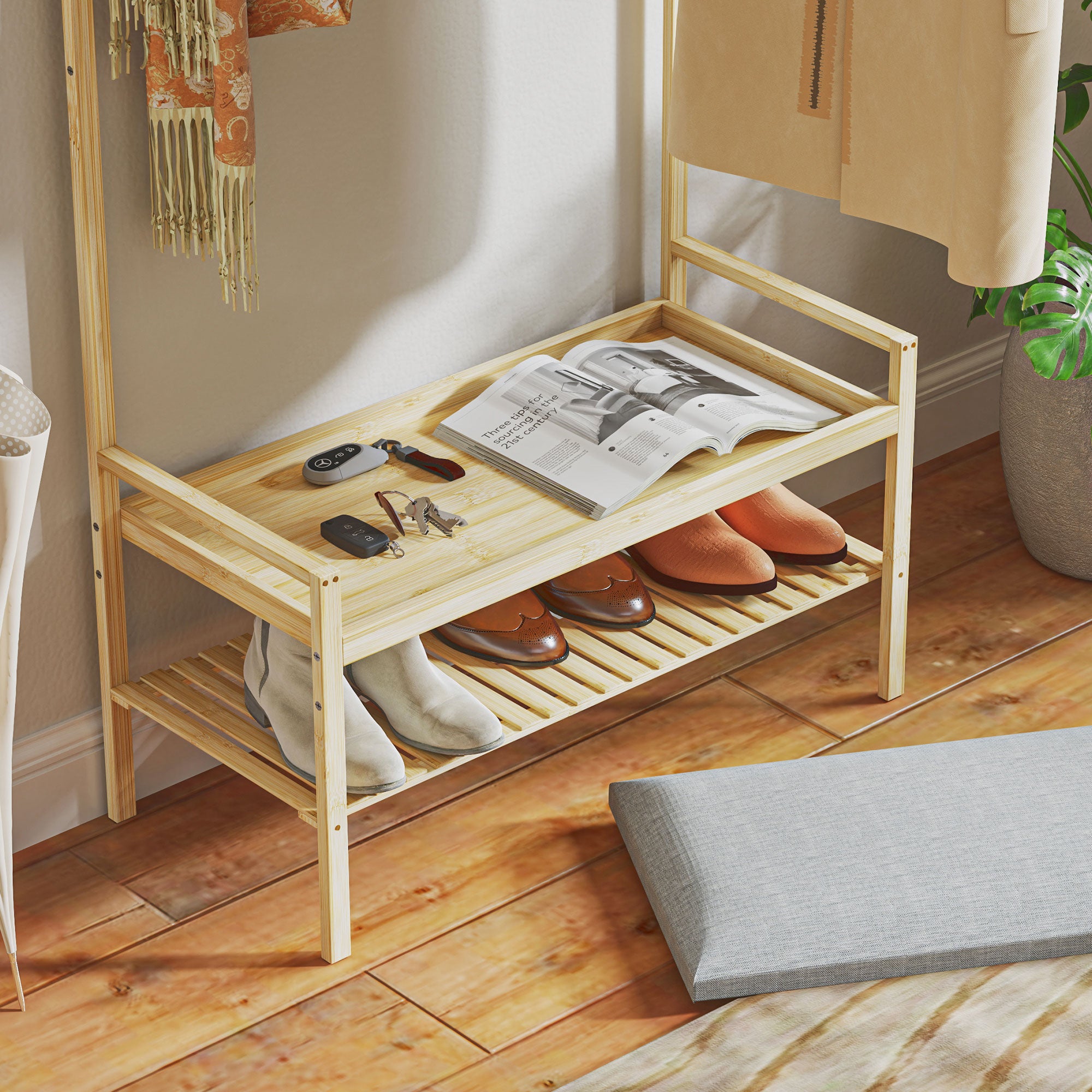 HOMCOM Garderobe mit Schuhbank, Kleiderstange, 10 Kleiderhaken, Schuhablage, Bambus