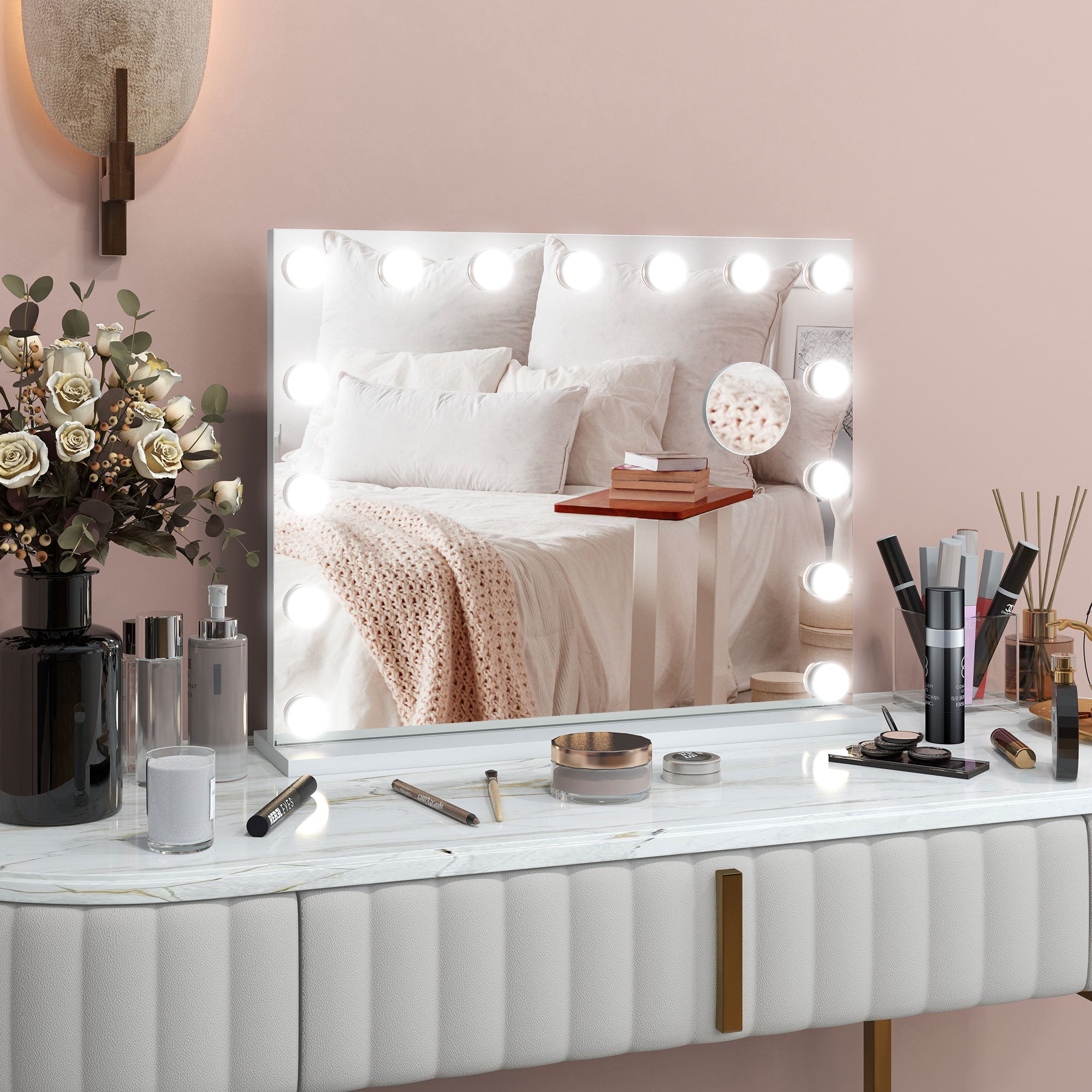 HOMCOM LED-Kosmetikspiegel, 3 Lichtmodi, dimmbar, Touch-Steuerung, USB, 58x48cm, Weiß