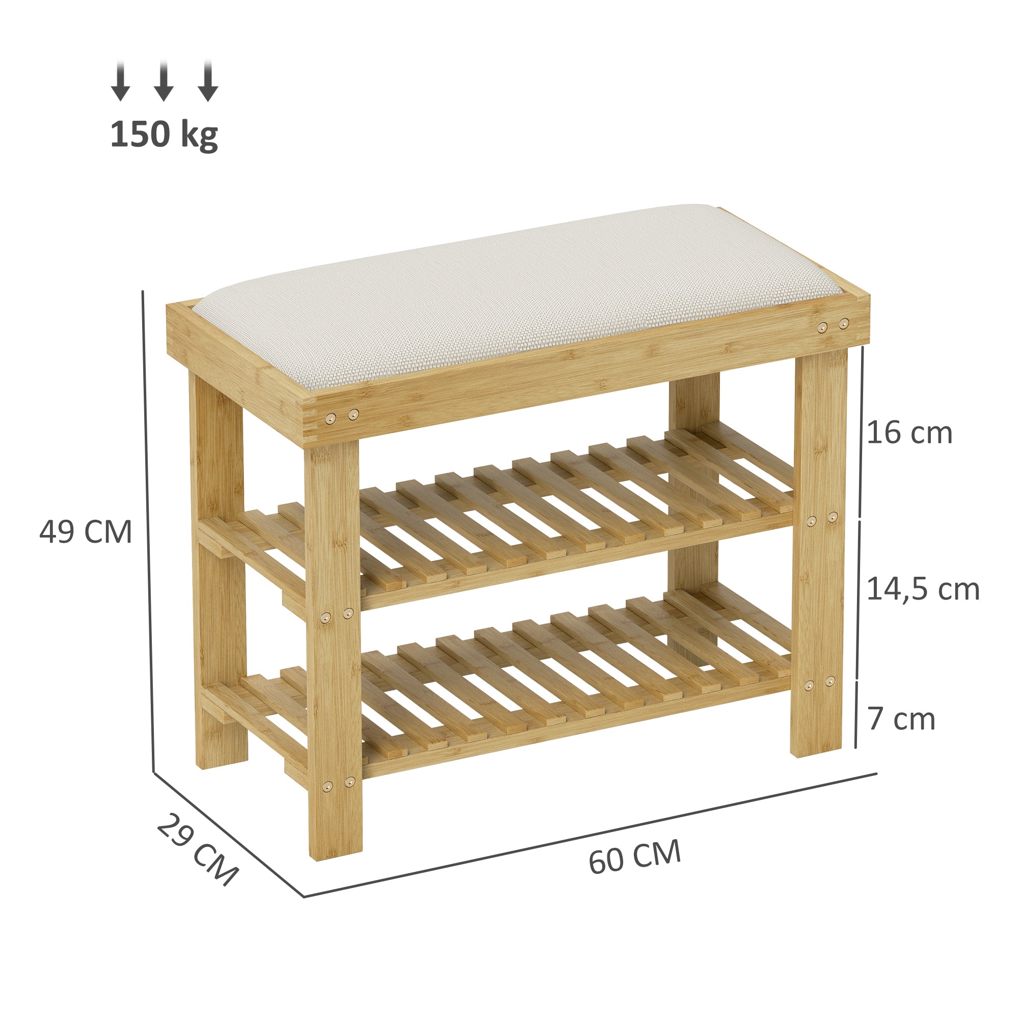 HOMCOM Schuhbank mit Sitzfläche, Bambus Sitzbank mit Stauraum, 2 offene Fächer, Sitzbank 60 x 29 x 49 cm Cremeweiß