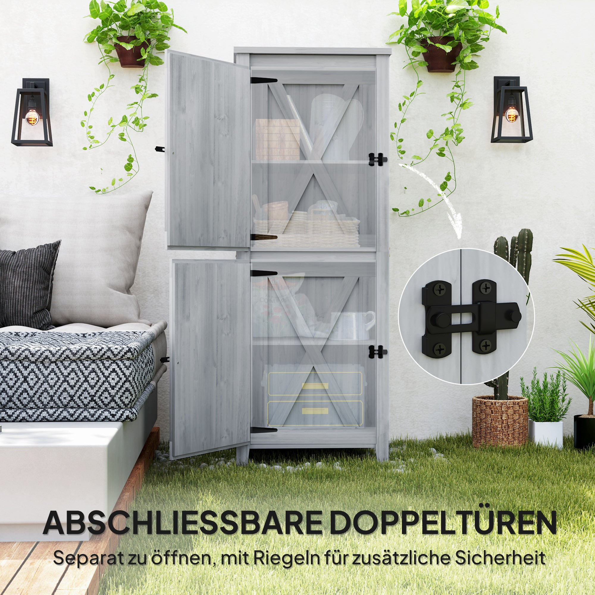 Outsunny Holzschuppen, Kompakter Gartenschuppen für Werkzeug und Gartengeräte mit verschließbaren Türen, Hellgrau