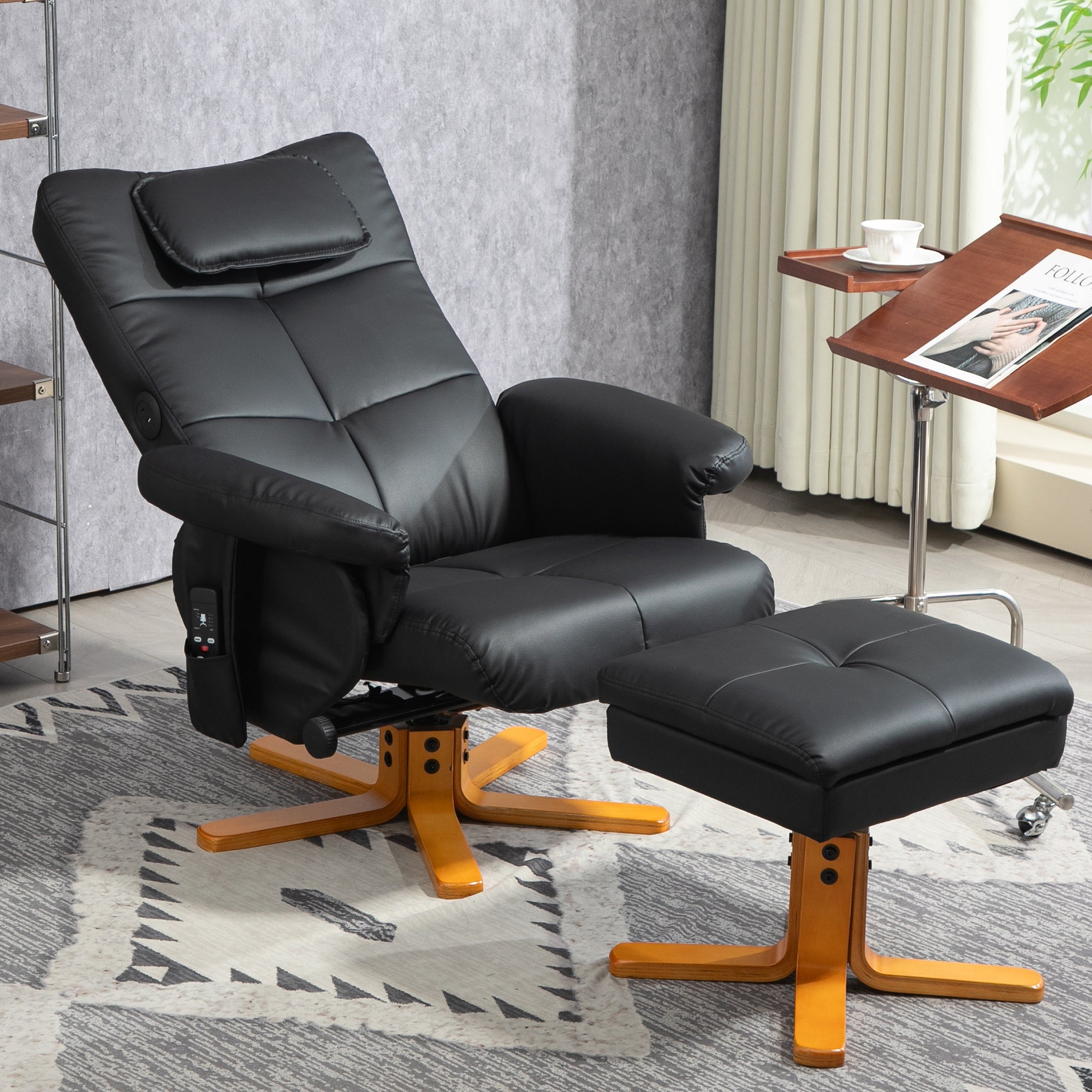 HOMCOM Massagesessel mit Hocker, verstellbare Lehne, USB-Ladeport, Lederoptik, bis 150 kg, Schwarz
