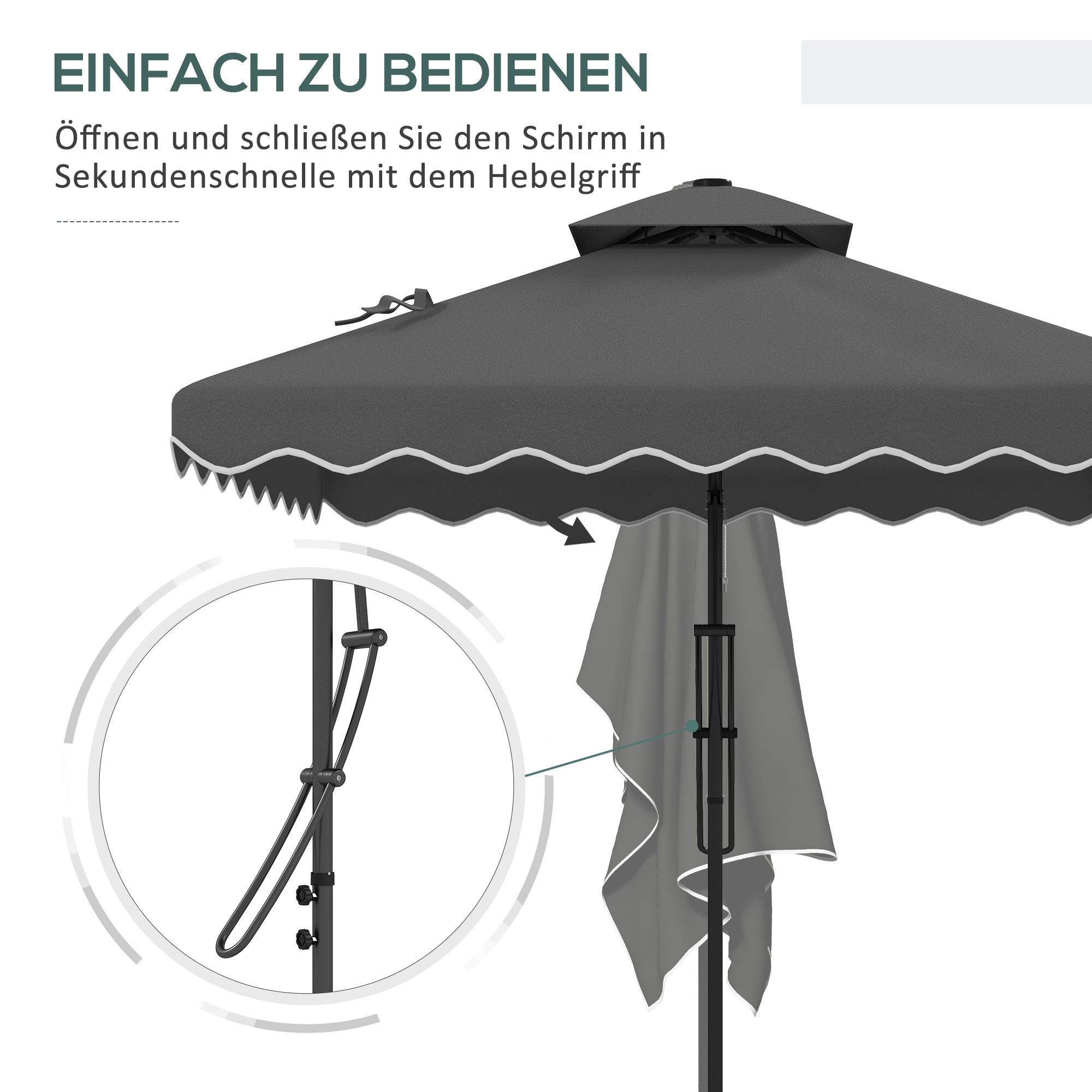 Outsunny Gartenschirm, Ampelschirm, dekorativer Rand, Lüftungsdach, Metallgestell, 2,4x2,4x2,6m, Dunkelgrau