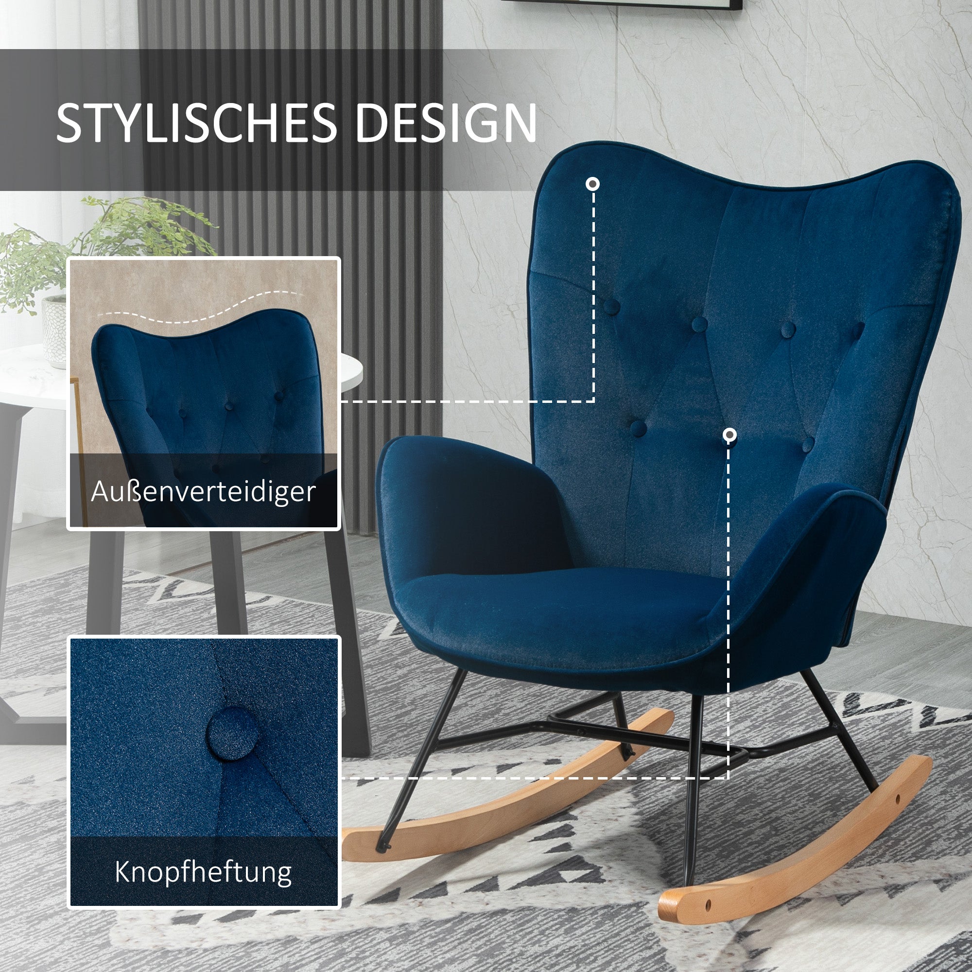 HOMCOM Schaukelstuhl mit Steppung, Holzkufen, Samtoptik, bis 150 kg, Blau