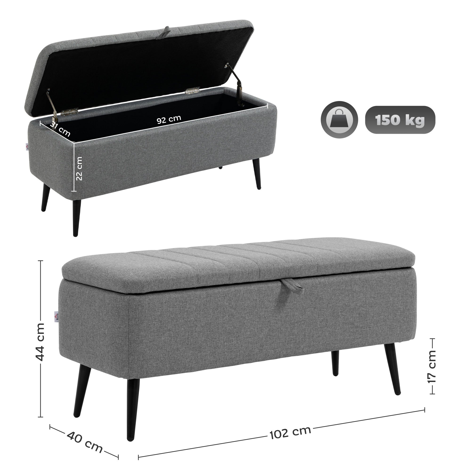 HOMCOM Sitzbank mit Stauraum Polsterbank mit Leinenoptik, Sitztruhe mit Stahlbeine 102 x 40 x 44 cm, Grau