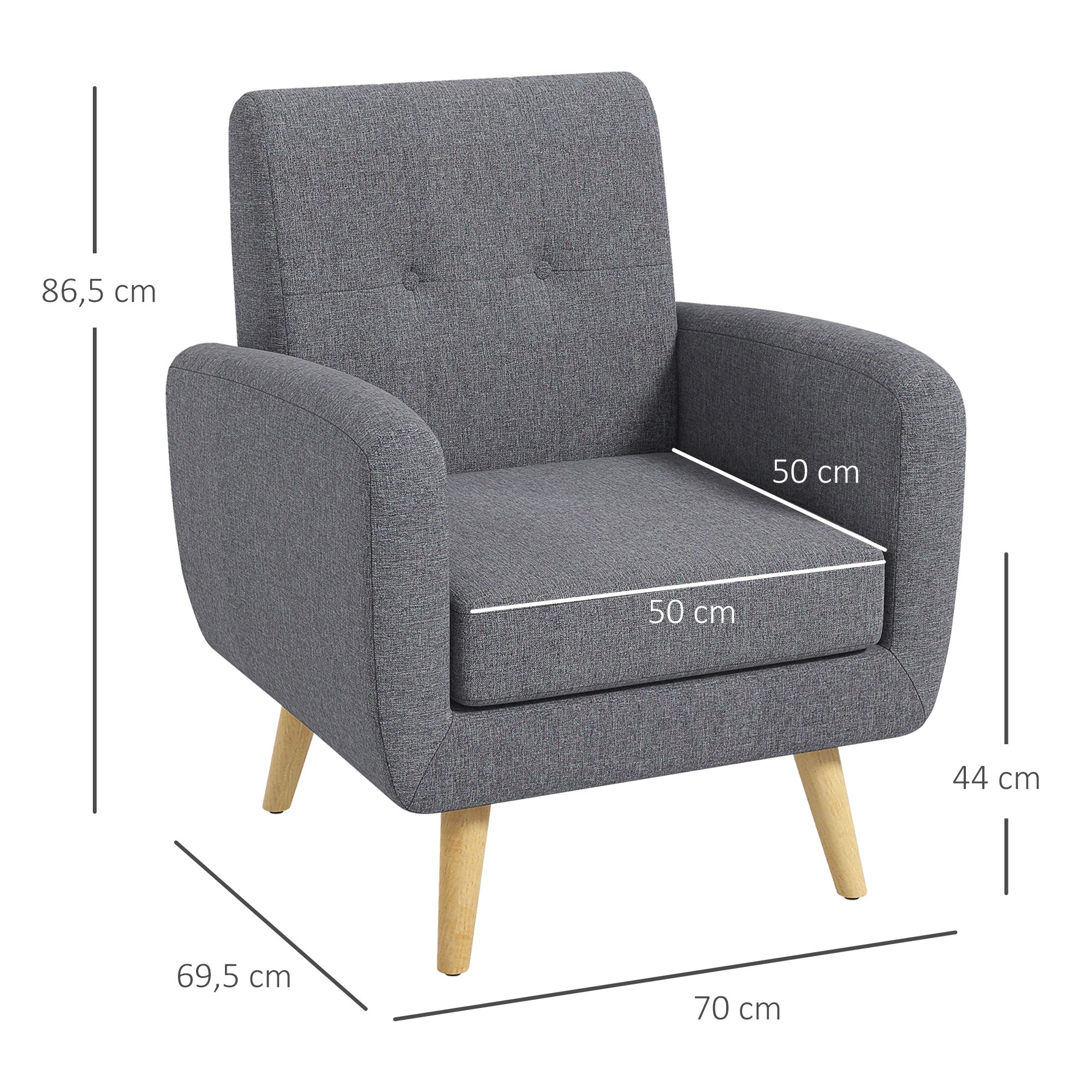 HOMCOM Sessel im Skandi-Design, Akzentsessel, Knopfheftung, Natur + Hellgrau