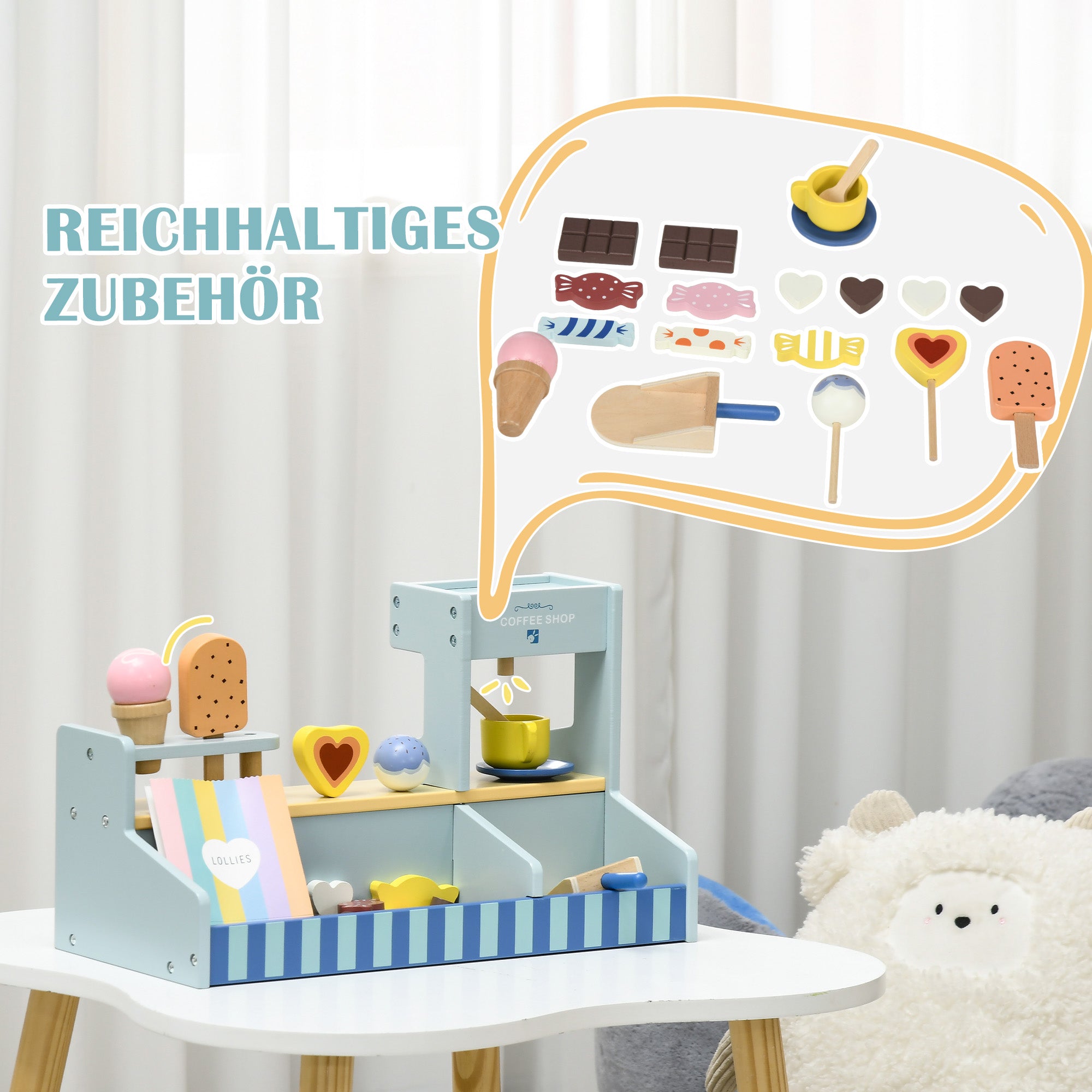 AIYAPLAY Spiel-Eisladen für Kinder, Eiscreme-Stand, viel Zubehör, fördert Fantasie und Motorik, Hellblau