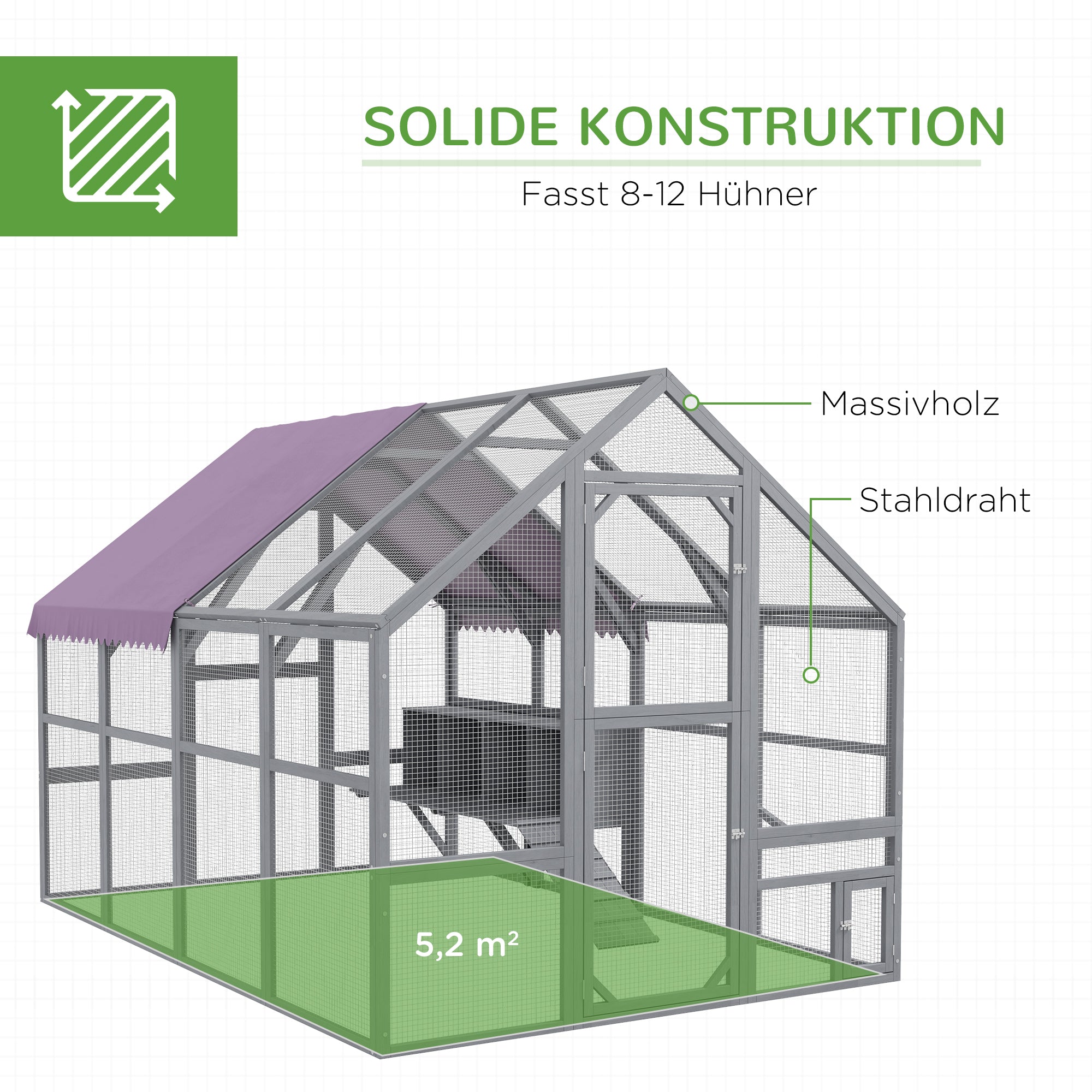 PawHut Hühnerstall Hühnerhaus Hühnerhütte, begehbar, wetterbeständig, 280 x 185,5 x 188 cm, Grau