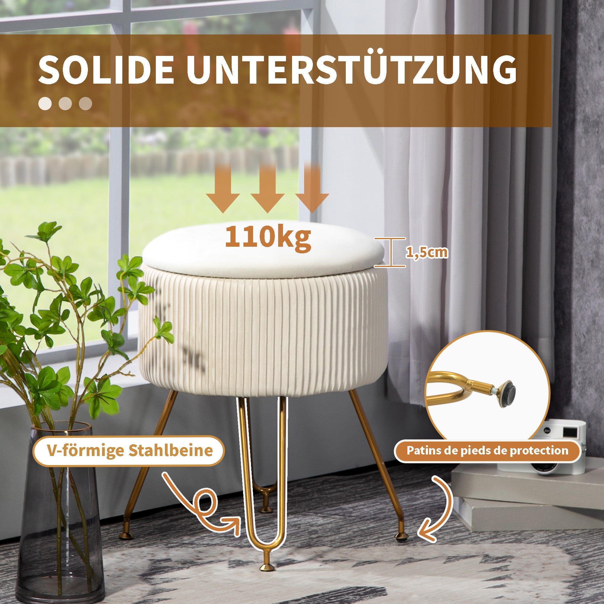 HOMCOM 2-in-1-Aufbewahrungshocker mit Metallbeinen, runder Fußhocker für Wohnzimmer, Schlafzimmer, Flur, Cremeweiß