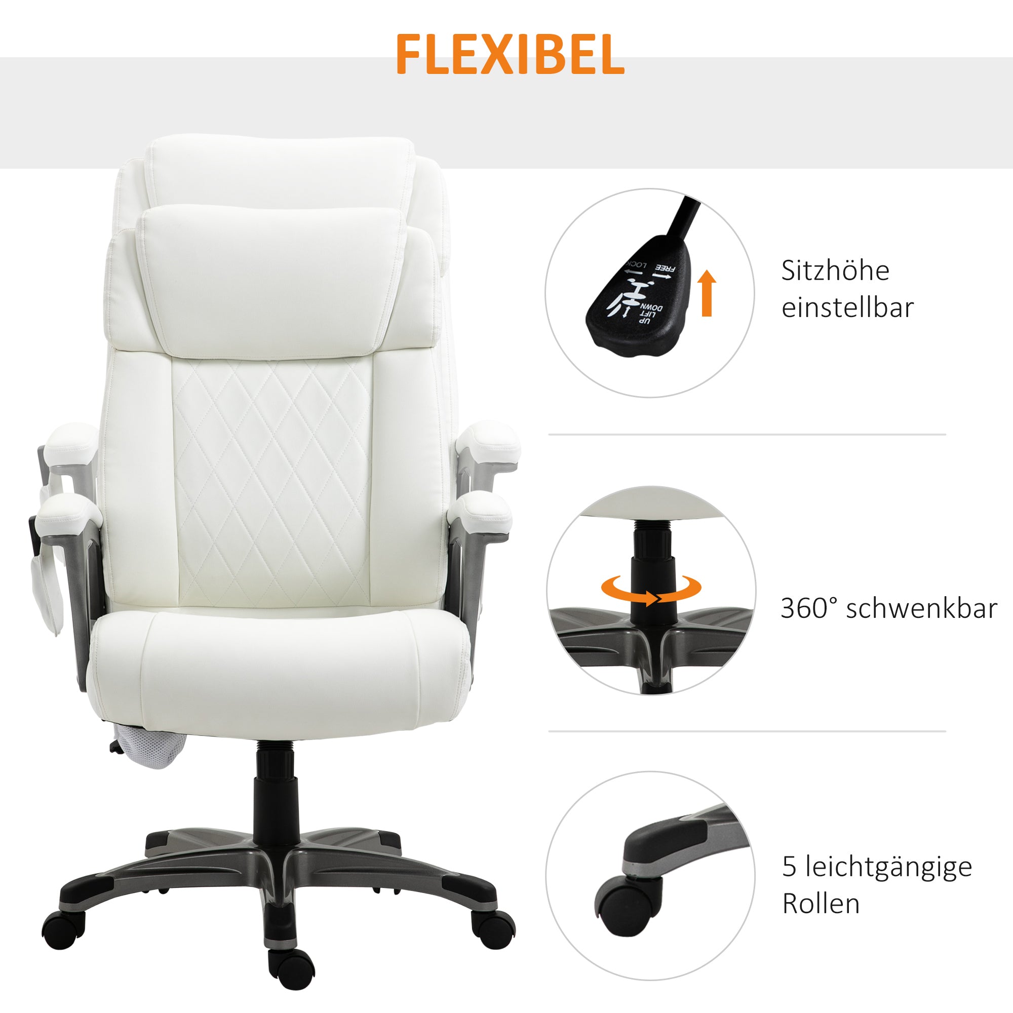 Vinsetto Massage-Bürostuhl 6-Punkt-Massage-Drehstuhl ergonomischer Stuhl Einstellbare aus Kunstleder mit gewölbter Kopfstütze und Armlehne Weiß 70 x 76,5 x 114-124 cm