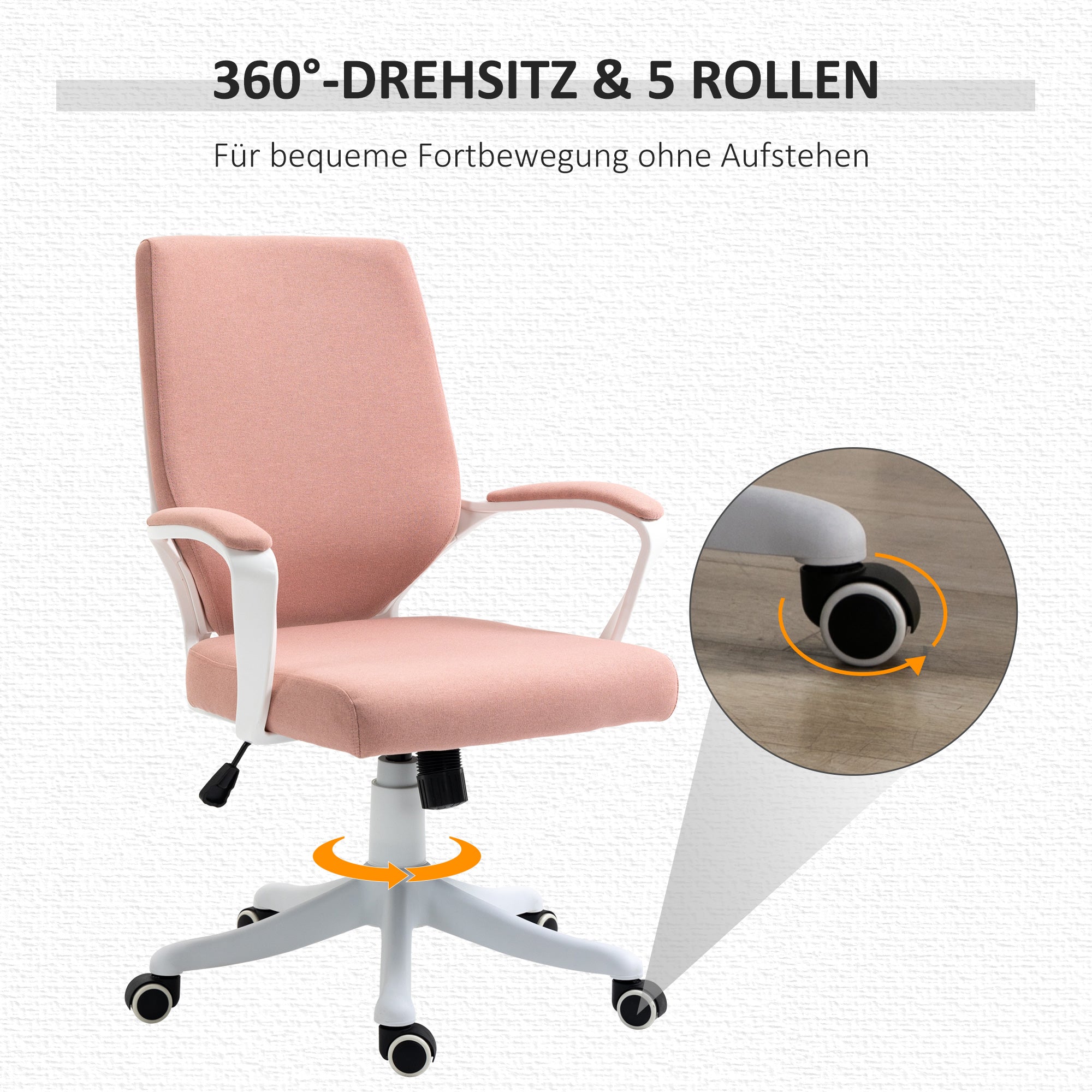 Vinsetto Bürostuhl Schreibtischstuhl Home-Office-Stuhl mit Wippenfunktion Rückenlehne höhenverstellbarer dick gepolstert ergonomisch 360°-Drehräder Polyester Nylon PP Rosa+Weiß 62x69x92-100 cm