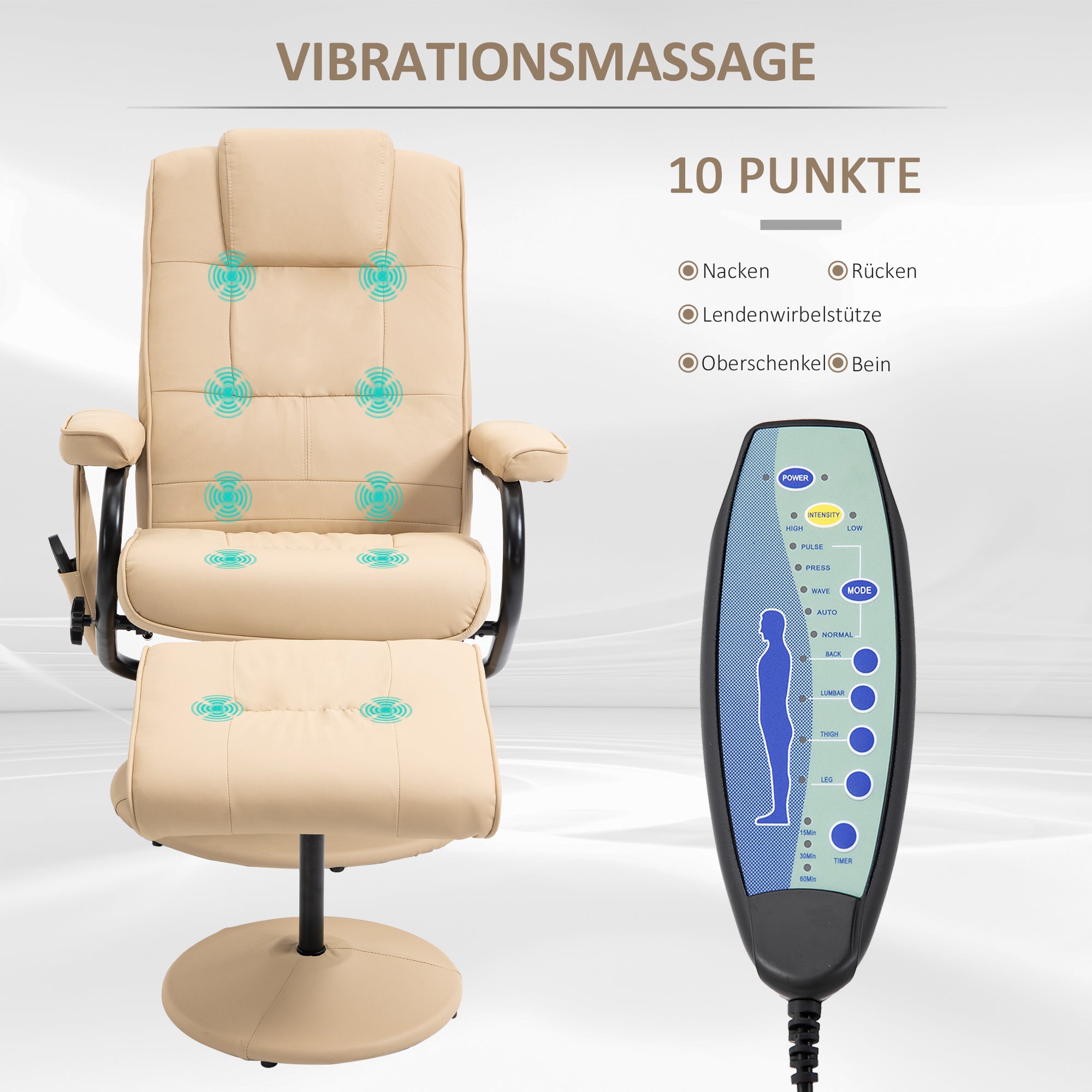 HOMCOM Massagesessel mit Hocker, Drehbares Relaxsessel mit Massagefunktion, Elektrisches Fernsehsessel mit Liegefunktion, Fernbedienung für Wohnzimmer, Kunstleder, Creme