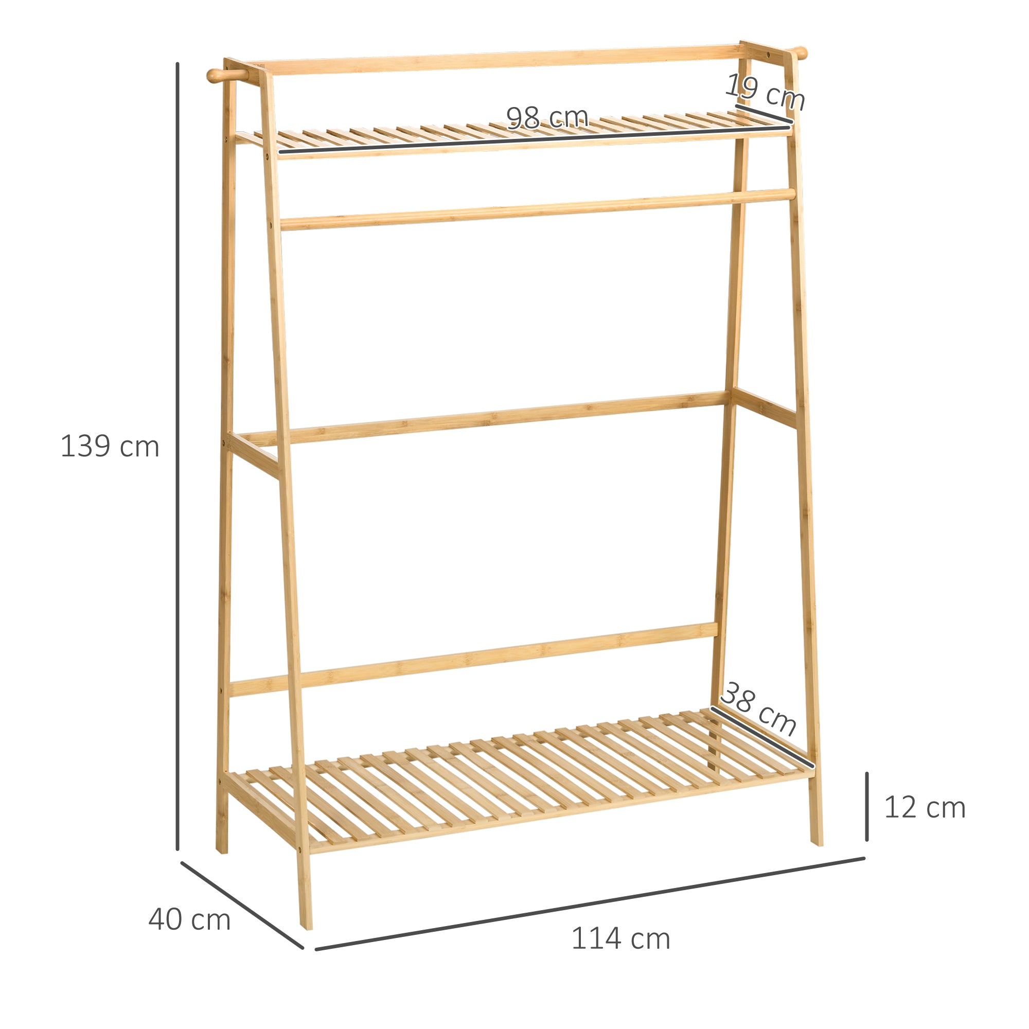 HOMCOM Kleiderständer aus Bambus, 2 Kleiderhaken, Kleiderstange, 2 Ablagen, 114 x 40 x 139 cm