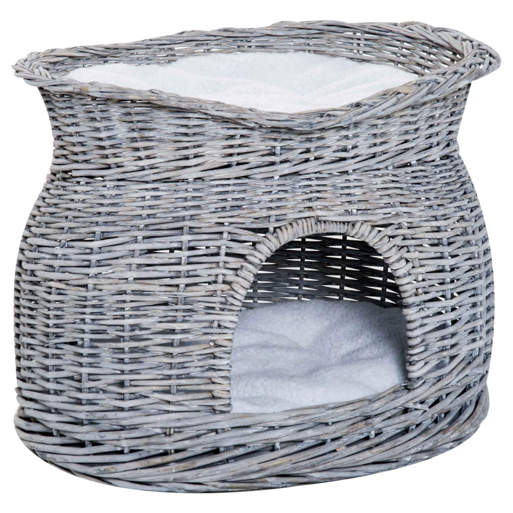 PawHut Rattan Weidenkorb für Katzen Katzenhütte mit 2 weichen Liegekissen Katzenkorb Haustierbett aus Wasserhyazinthe für Wohnzimmer Grau 56 x 37 x 40 cm