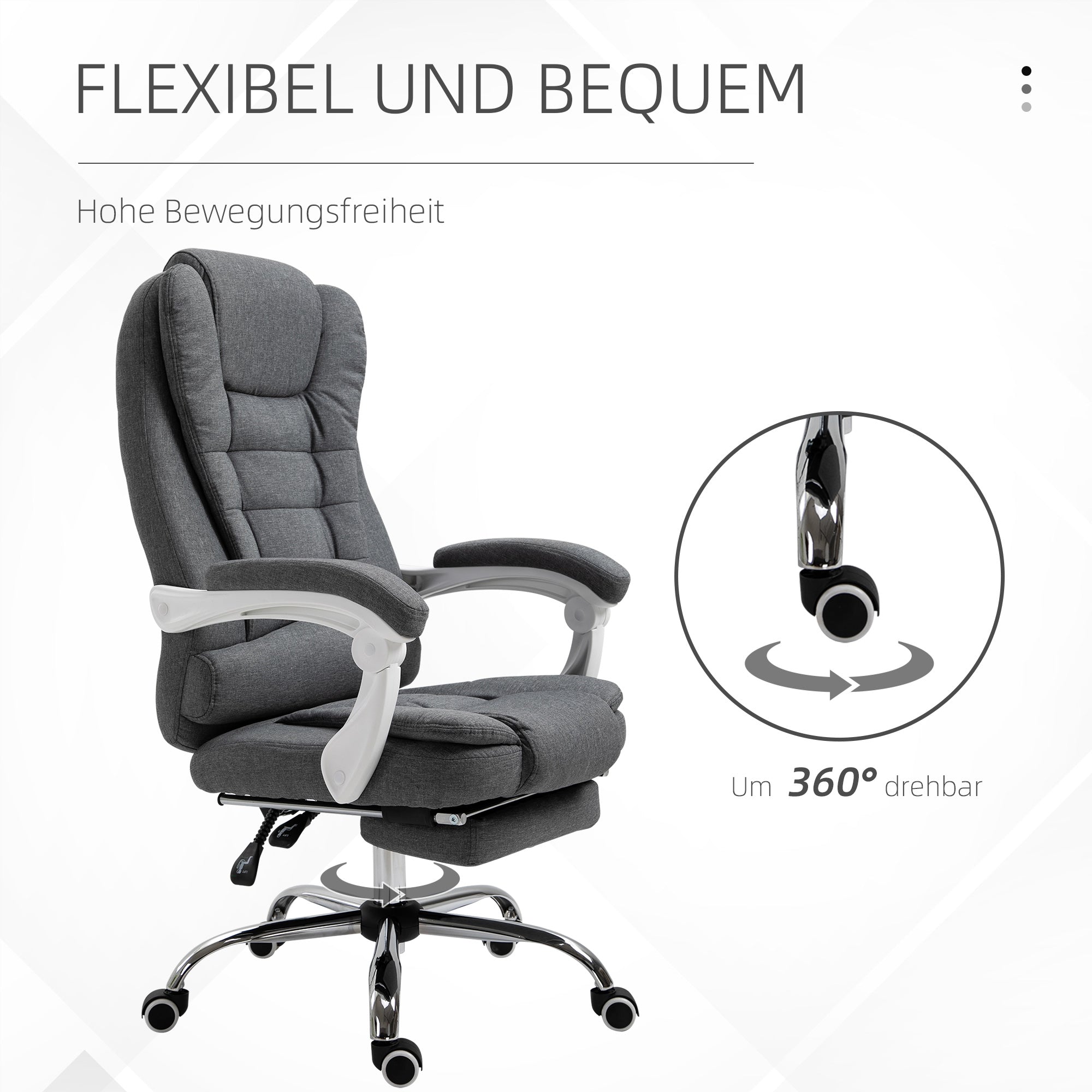 Vinsetto Bürostuhl mit ausklappbarer Fußstütze, Chefsessel, verstellbare Rückenlehne, Leinenoptik, Grau