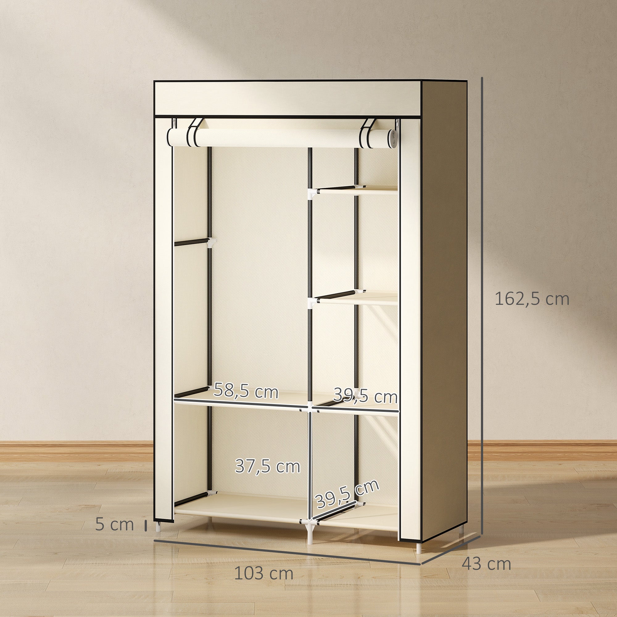 HOMCOM Schrank aus Stoff, Aufbewahrungslösung, 6 Regale, 1 Kleiderstange, Beige
