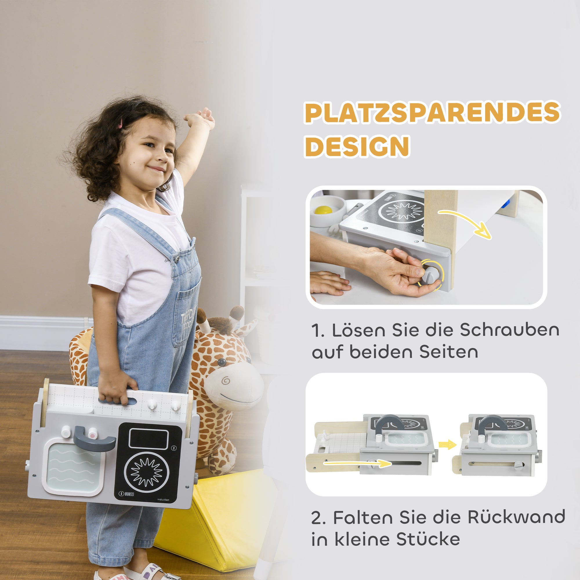 AIYAPLAY Kinderküchen-Set, 10-teilig, mit Gewürzflaschen, Topf, Ei, Fisch, 36x21,5x25 cm, Grau/Gelb