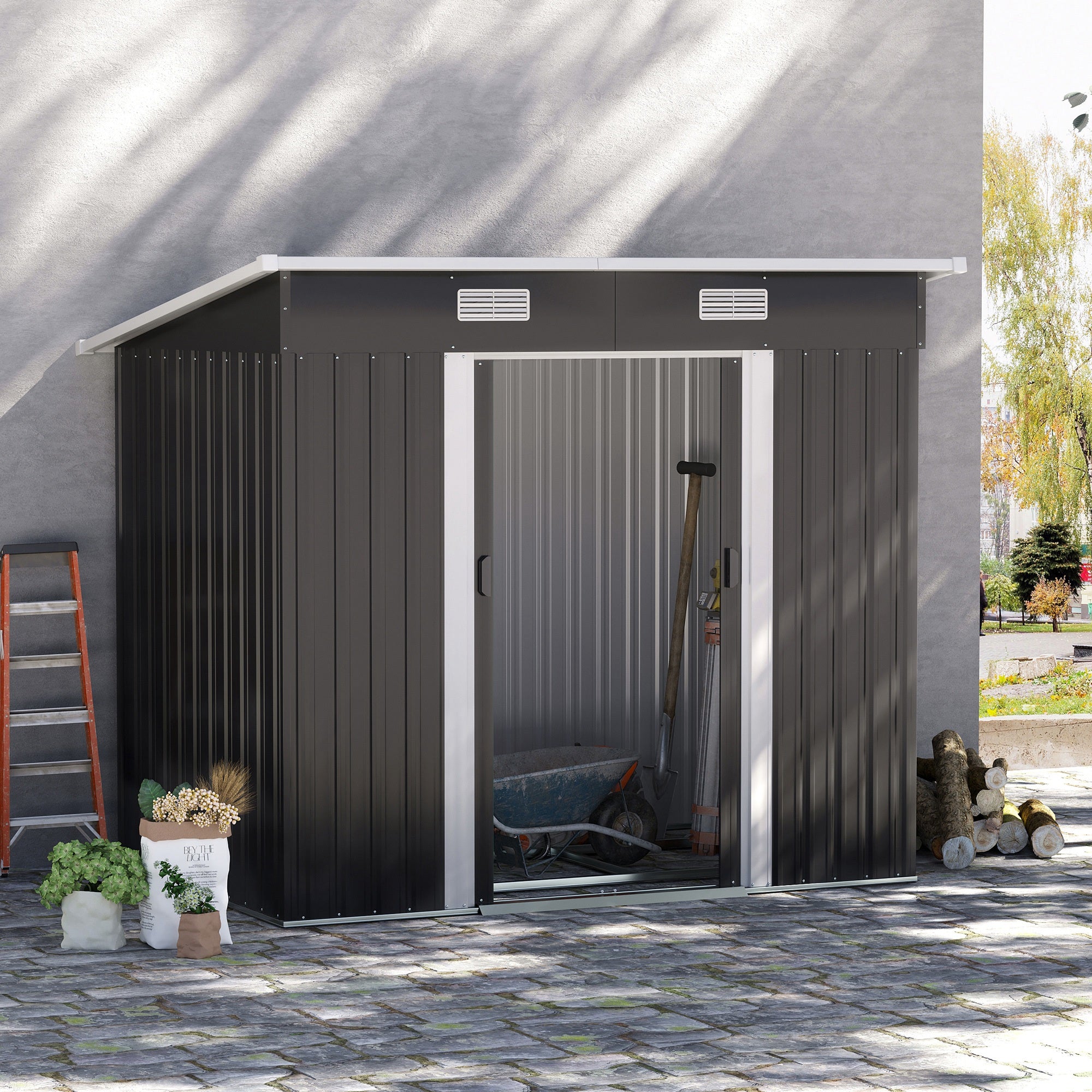 Outsunny Gerätehaus Metall 2,3 m² 207 x 130 x 182 cm Geräteschuppen mit Pultdach Fenster Bodenrahmen Schwarz