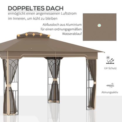 Outsunny Gartenpavillon 3,65 × 3 m mit Doppeldach & Moskitonetz – Braun/Beige