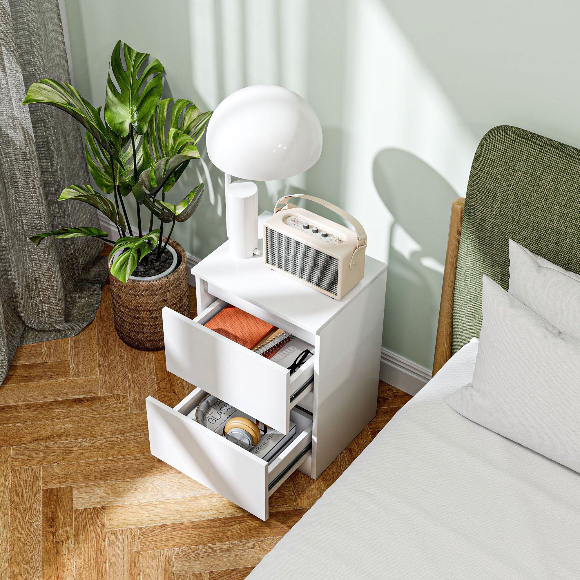 HOMCOM Nachttisch mit 2 Schubladen, Beistelltisch mit Stauraum, für Wohnzimmer, Schlafzimmer, Weiß