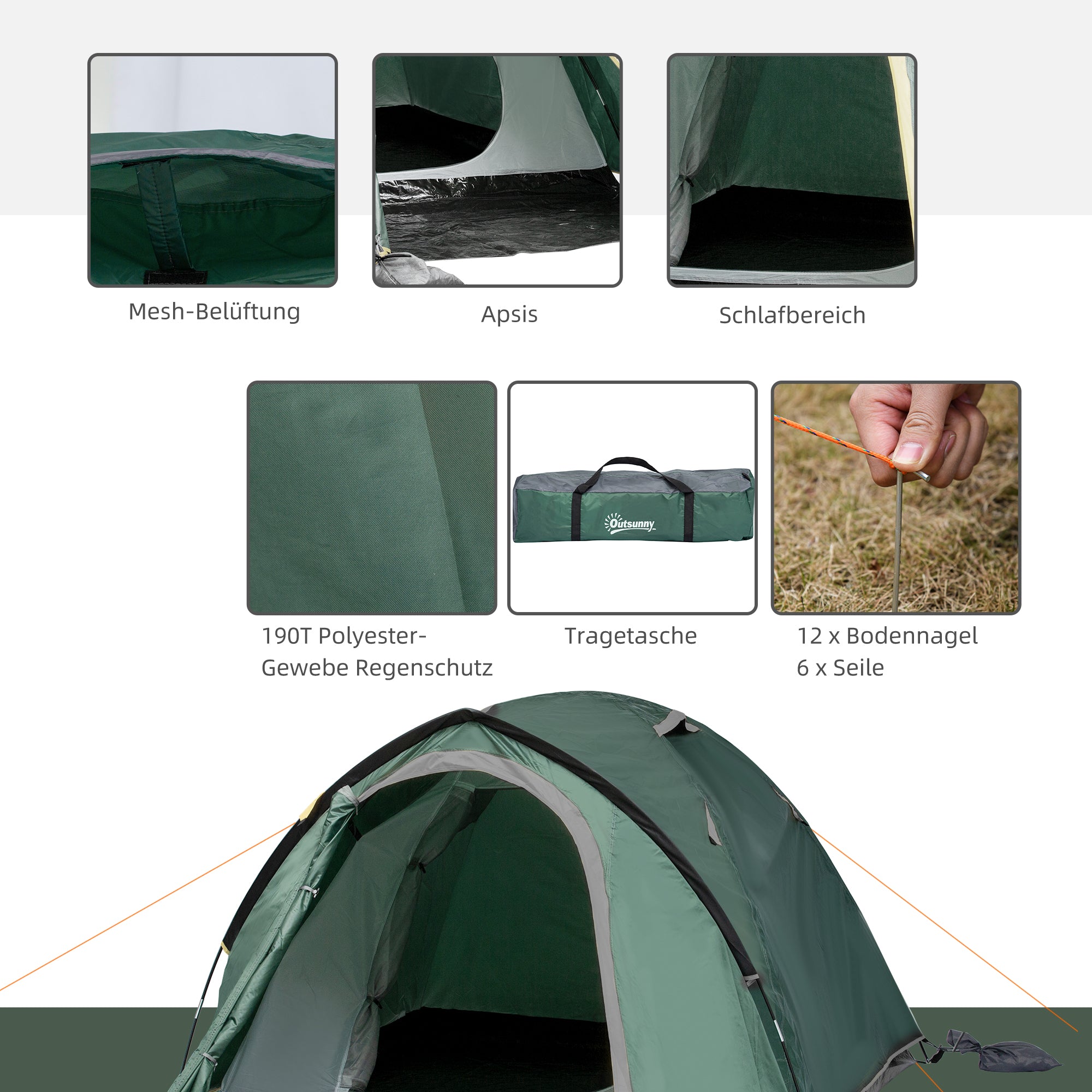 Outsunny 2-Personen-Campingzelt, Netzöffnungen, Lampenhaken, Tragetasche, Grau+Gelb