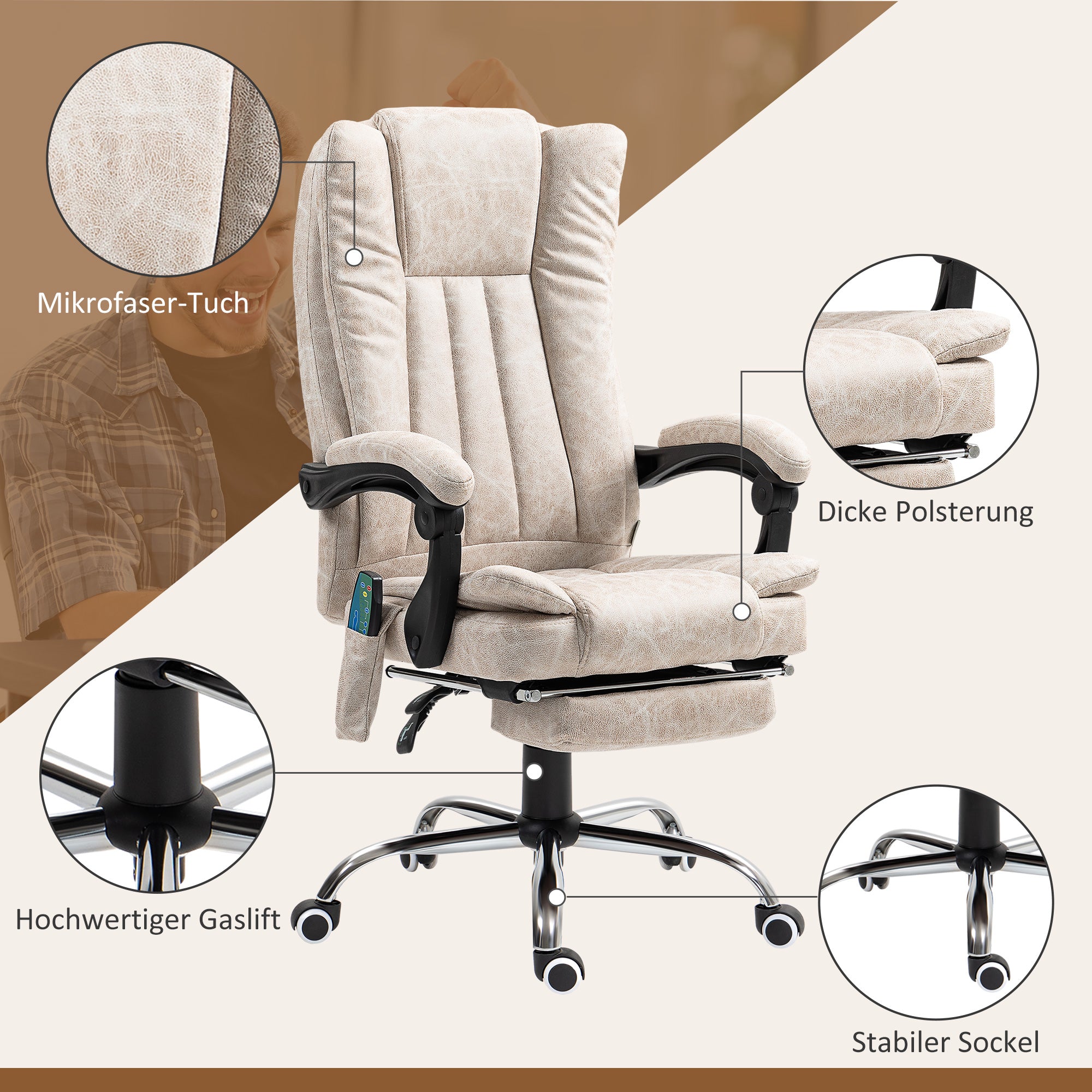 Vinsetto Bürostuhl mit Massagefunktion, Ergonomischer Schreibtischstuhl mit Liegefunktion, Heizfunktion, Seitentasche, Cremeweiß