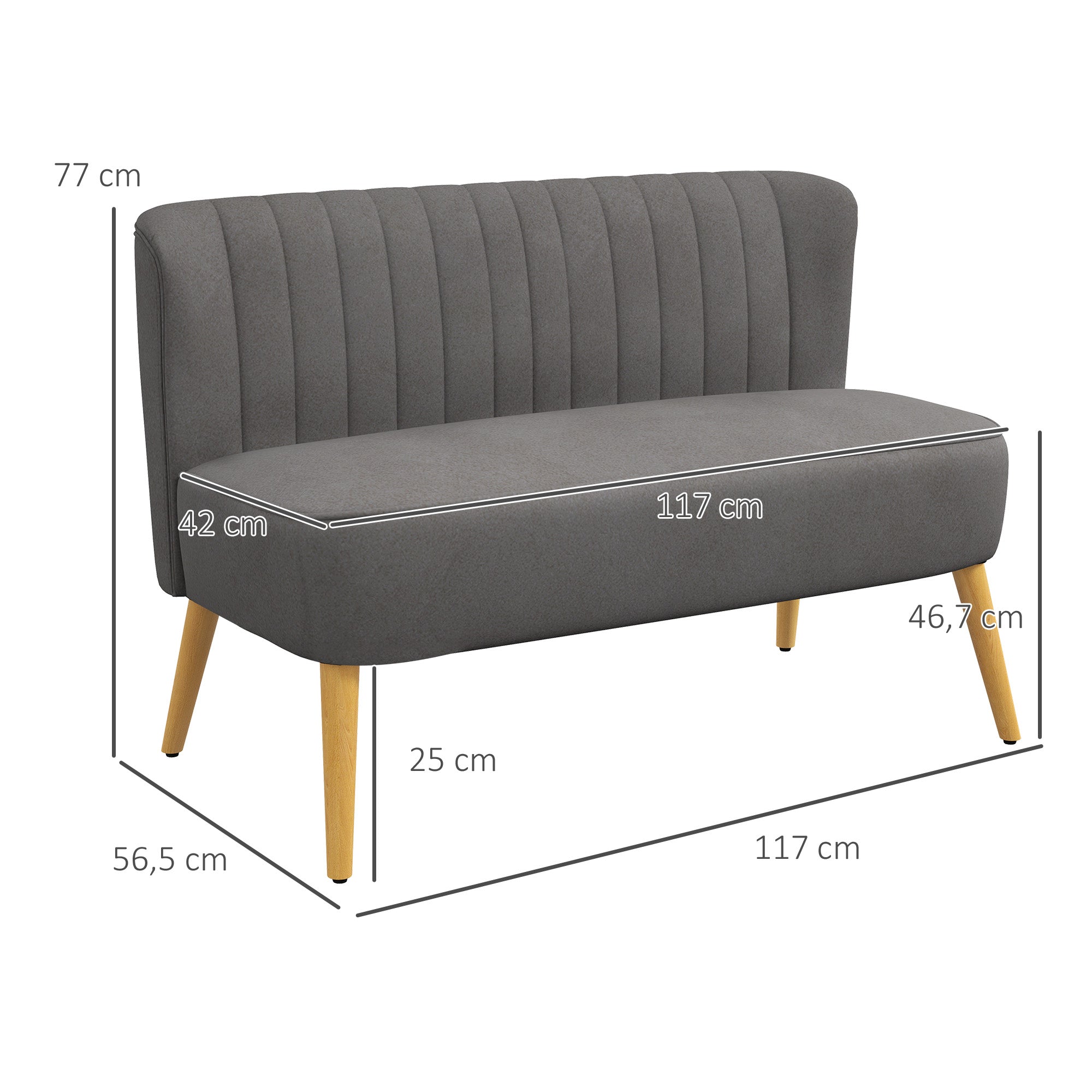 HOMCOM Sofa Retrodesign 2-Sitzer-Sofa, Holzbeine, 117 cm x 56,5 cm x 77 cm, Dunkelgrau