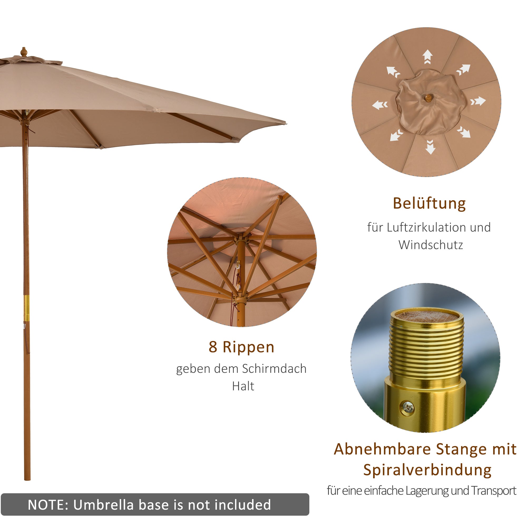 Outsunny Sonnenschirm Ø 300 cm, Sonnenschirm mit UV Schutz Balkonschirm aus Holz Strandschirm stabil Marktschirm Sonnenschutz für Strand Terrasse Garten, Khaki