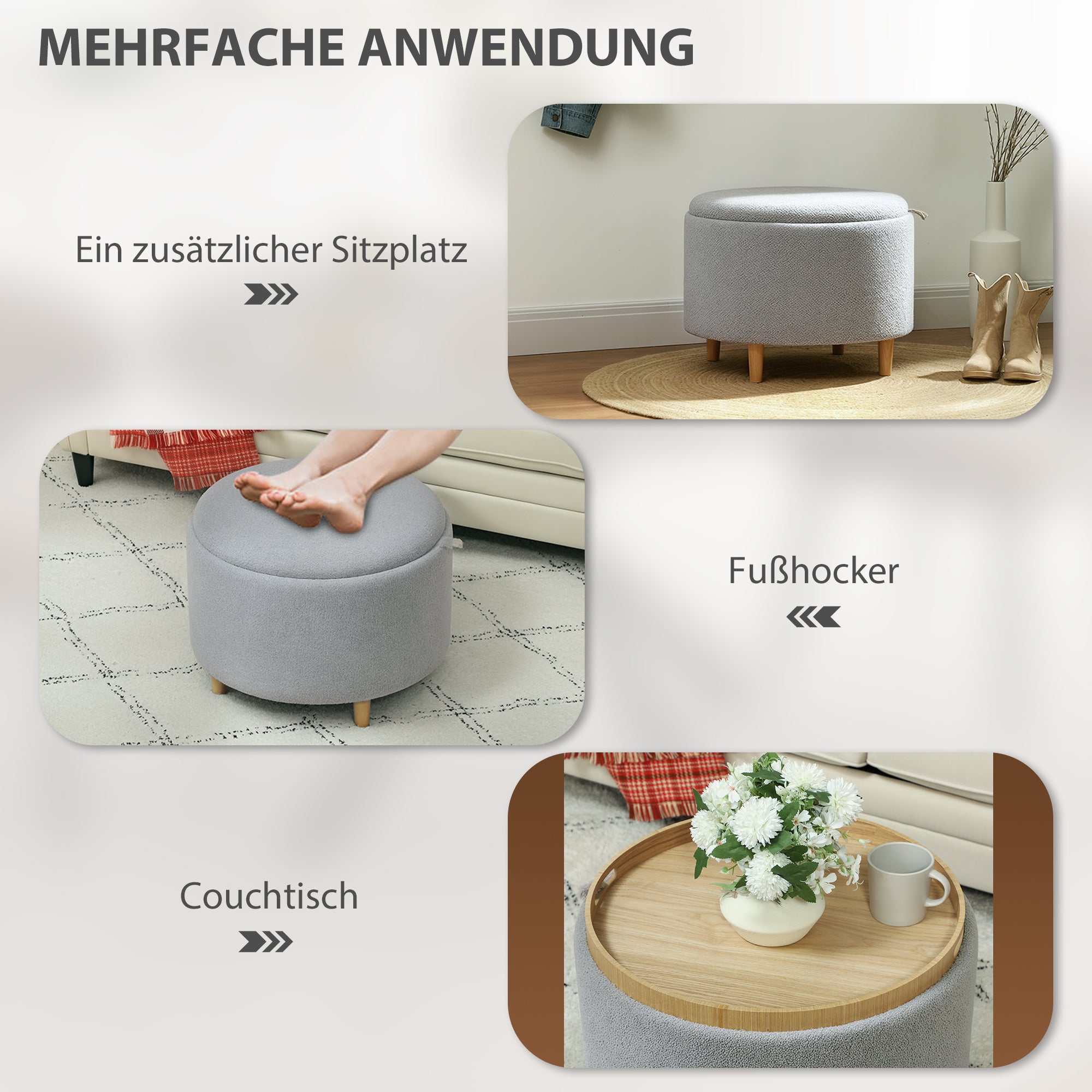 HOMCOM Hocker Polsterhocker, Teddyfleece, versteckter Stauraum, umkehrbarer Deckel, 56 cm x 56 cm x 42 cm, Grau