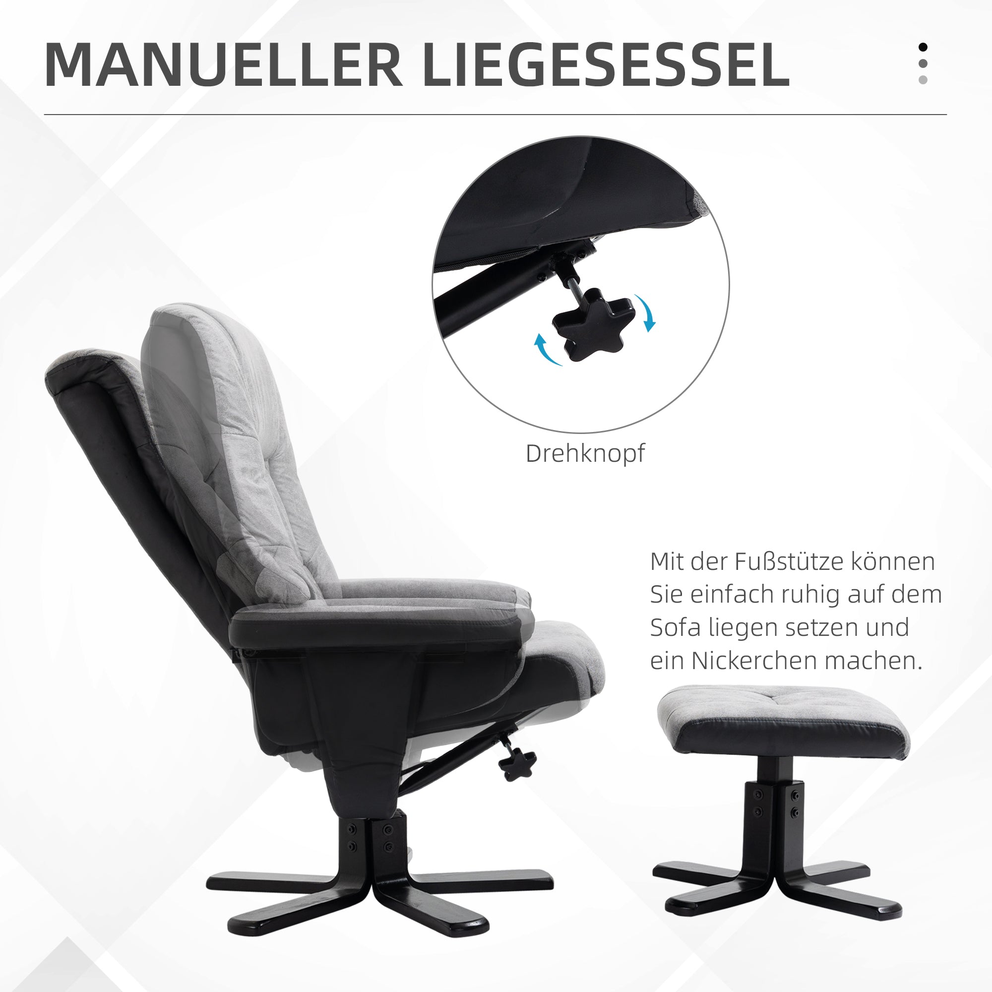 HOMCOM Relaxsessel mit Hocker, 360° drehbar, 135° neigbar, atmungsaktiver Bezug, 78 x 82,5 x 109 cm, grau