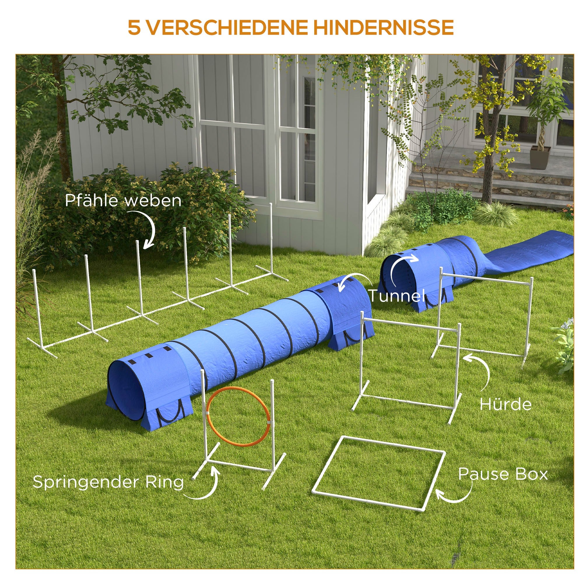 PawHut Hunde-Agiliy-Set Hundeparcours, 1 Reifen,  2 Tunnel 2 Hürden, 321 cm x 63c m x 93 cm, Blau + Rot+ Weiß
