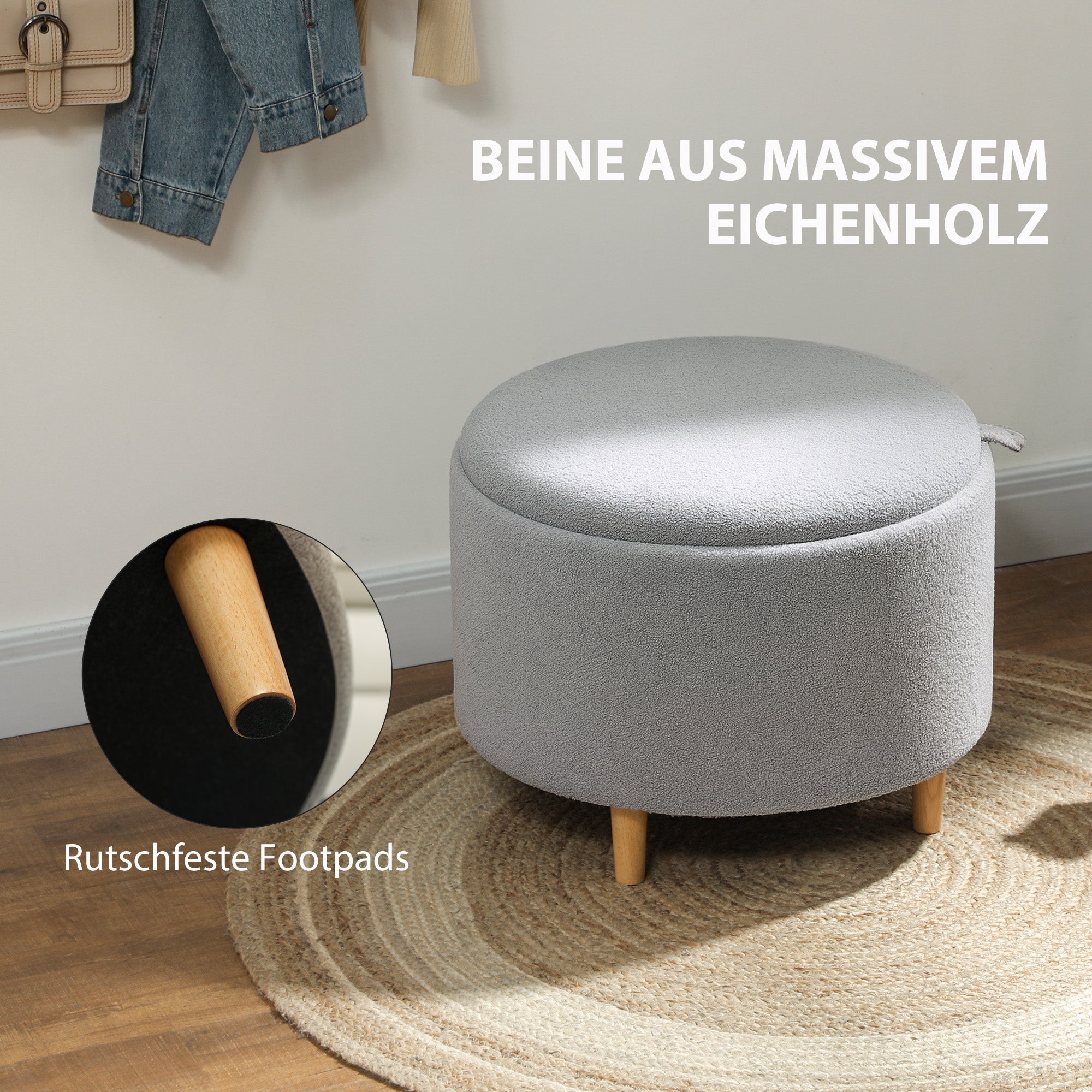 HOMCOM Hocker Polsterhocker, Teddyfleece, versteckter Stauraum, umkehrbarer Deckel, 56 cm x 56 cm x 42 cm, Grau