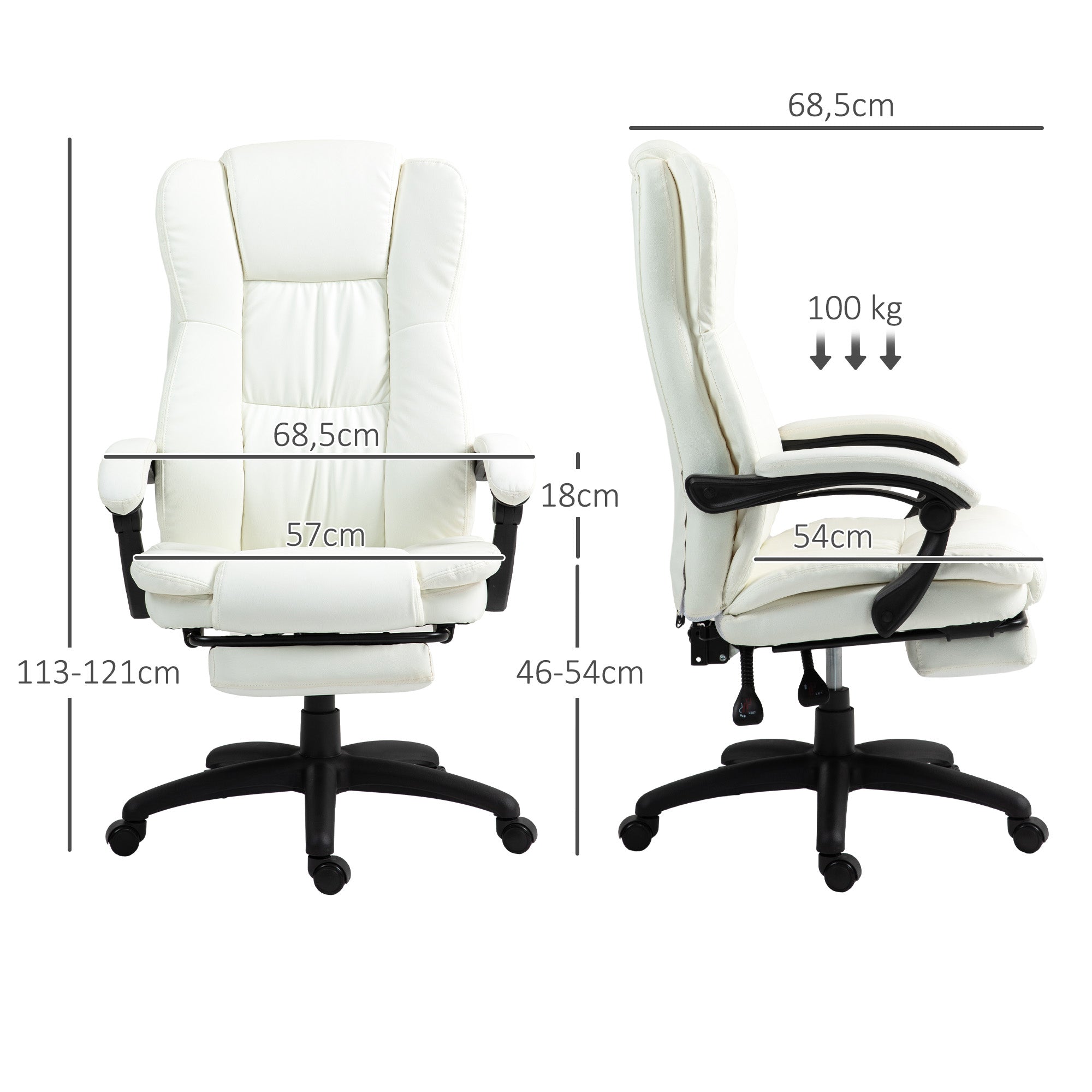 Vinsetto Verstellbarer Drehstuhl mit Fußstütze, Kopfstütze, Massagefunktion, Kunstleder, 68,5x68,5x113-121cm, Cremeweiß