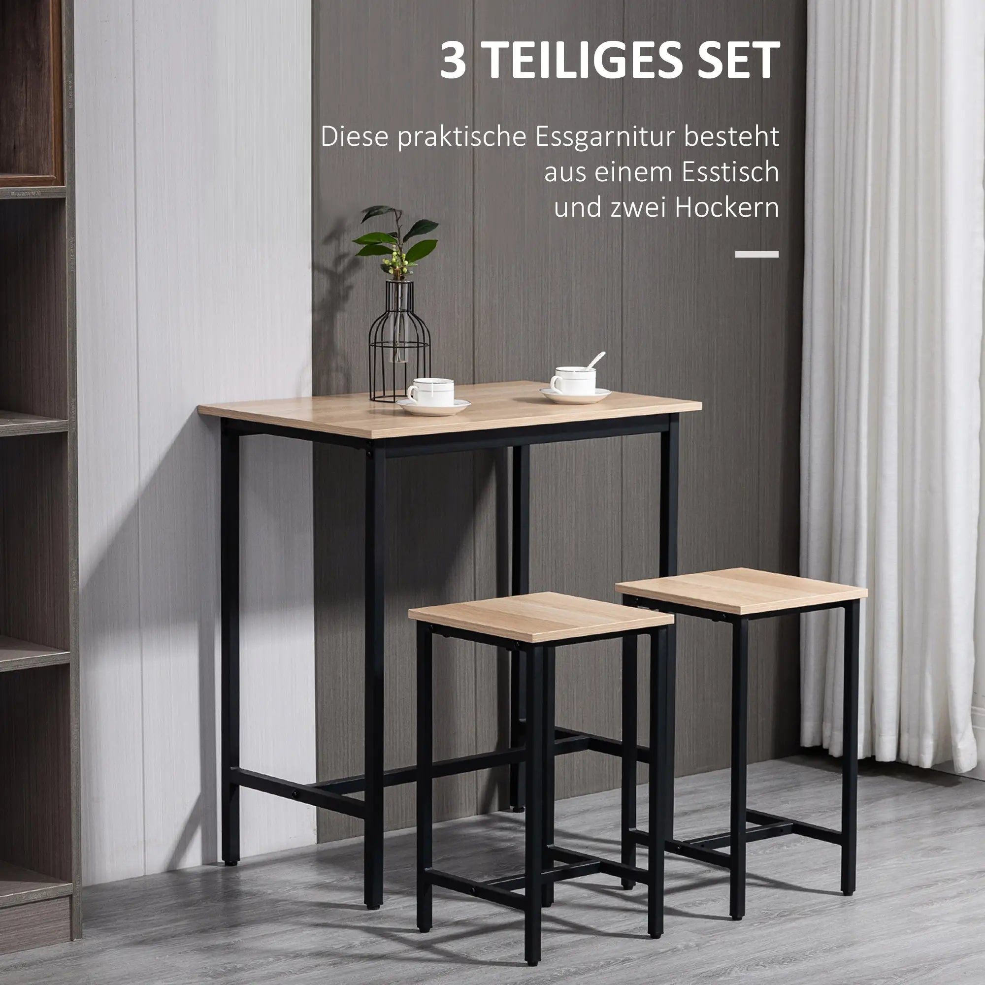 HOMCOM Bartisch-Set im Industrie-Design, 3-teilig, 1 Tisch, 2 Hocker, Schwarz + Natur