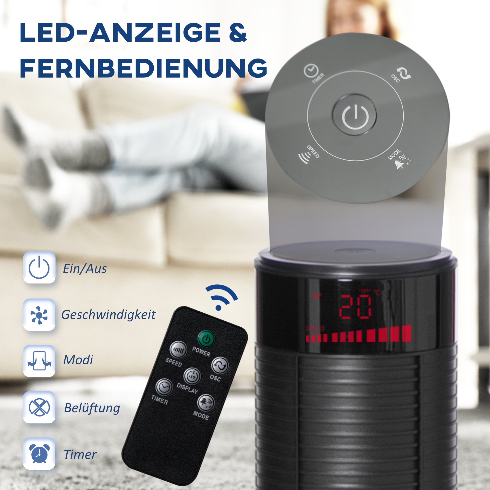 HOMCOM Turmventilator leise mit Fernbedienung 117 cm 70° Oszillierende Ventilator Standventilator mit 4 Modi, 3 Geschwindigkeiten, 12 Std.-Timer, LED-Anzeige, Schwarz