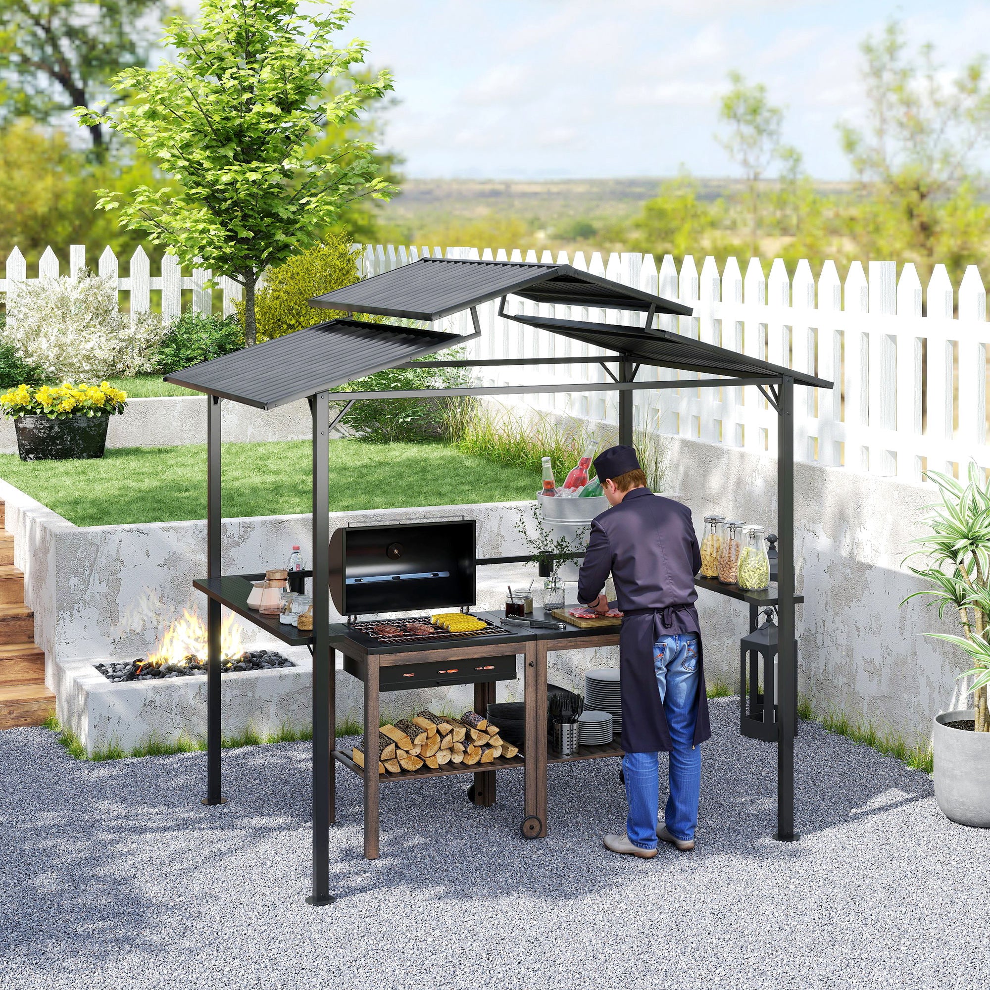 Outsunny Grillpavillon 250 x 160 x 250 cm wasserdicht Gartenpavillon mit Doppelschichtdach, Seitenregalen Schwarz