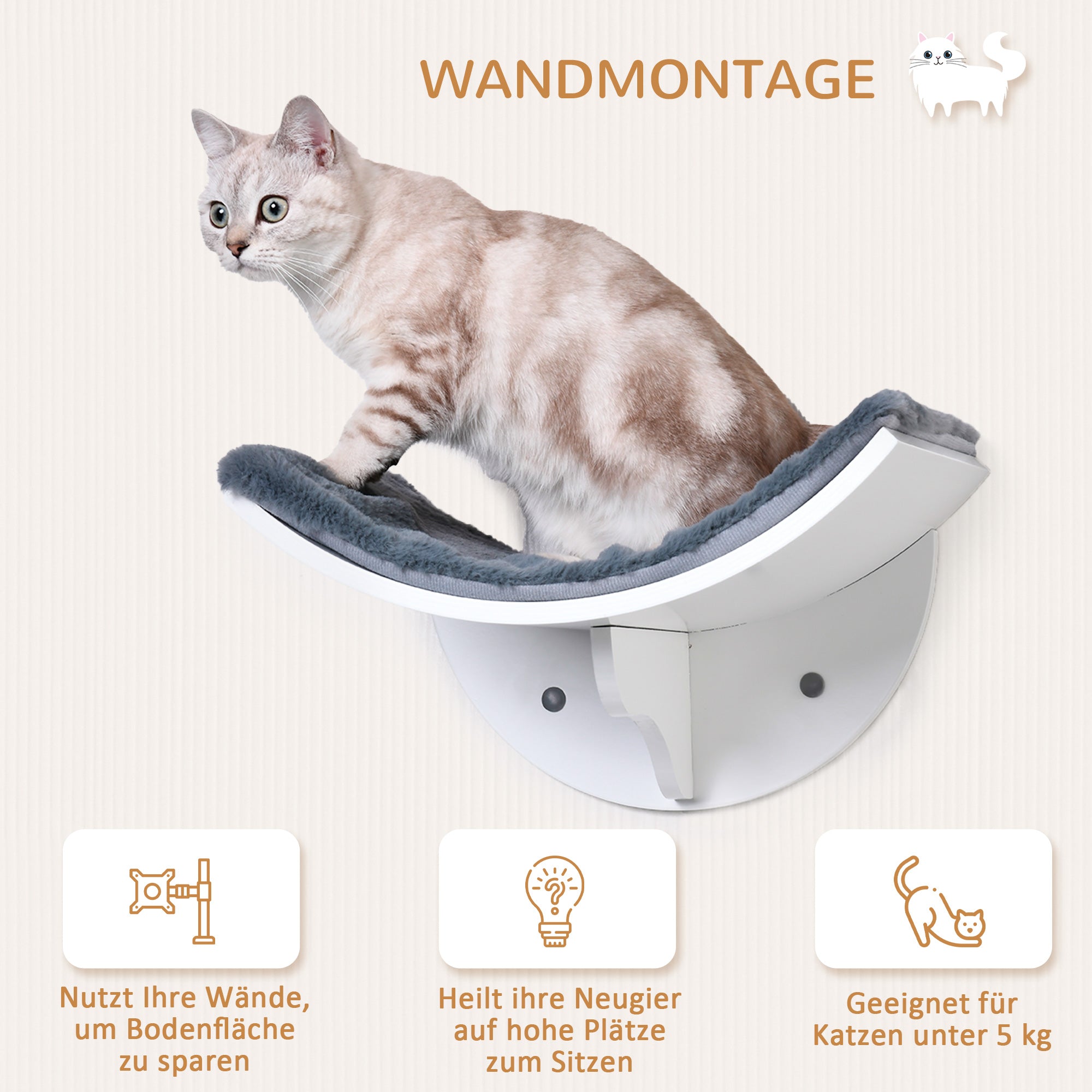 PawHut Katzenliege Katzen Wandliege Katzenbett Katzenregal Wandmontage Plüschauflage Grau 41 x 28 x 21 cm