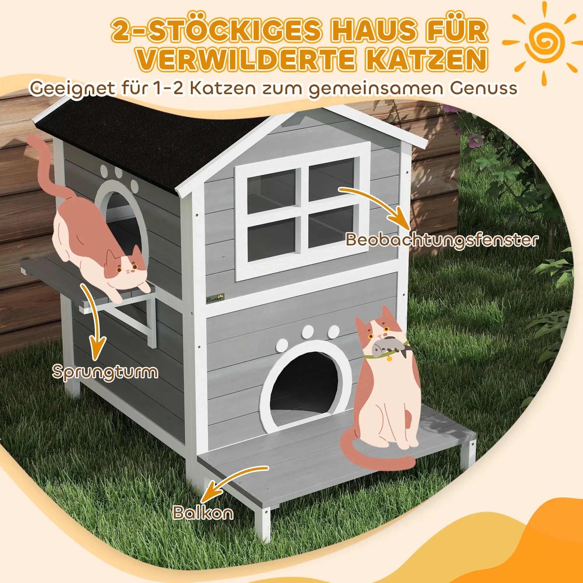 PawHut Katzenhaus aus Holz mit Balkon & Fenster, 2 Etagen, Grau