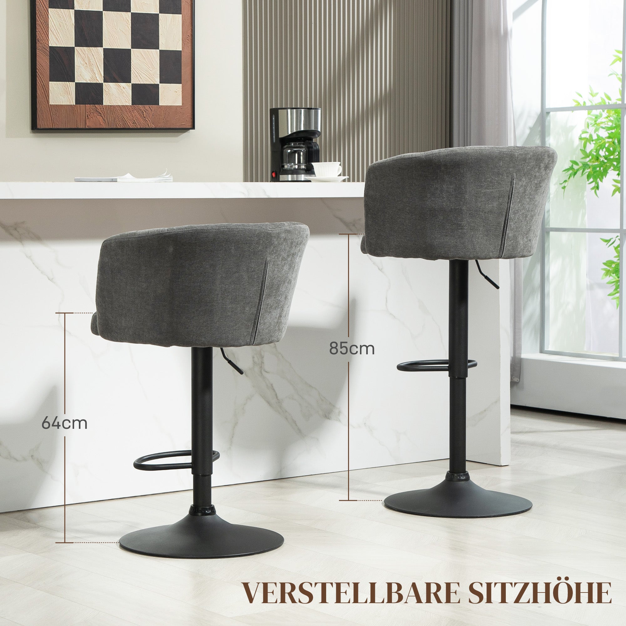HOMCOM Barhocker 2er-Set, Schalenrücken, höhenverstellbar, Fußstütze, für Küche oder Esszimmer, Metallbasis, Dunkelgrau