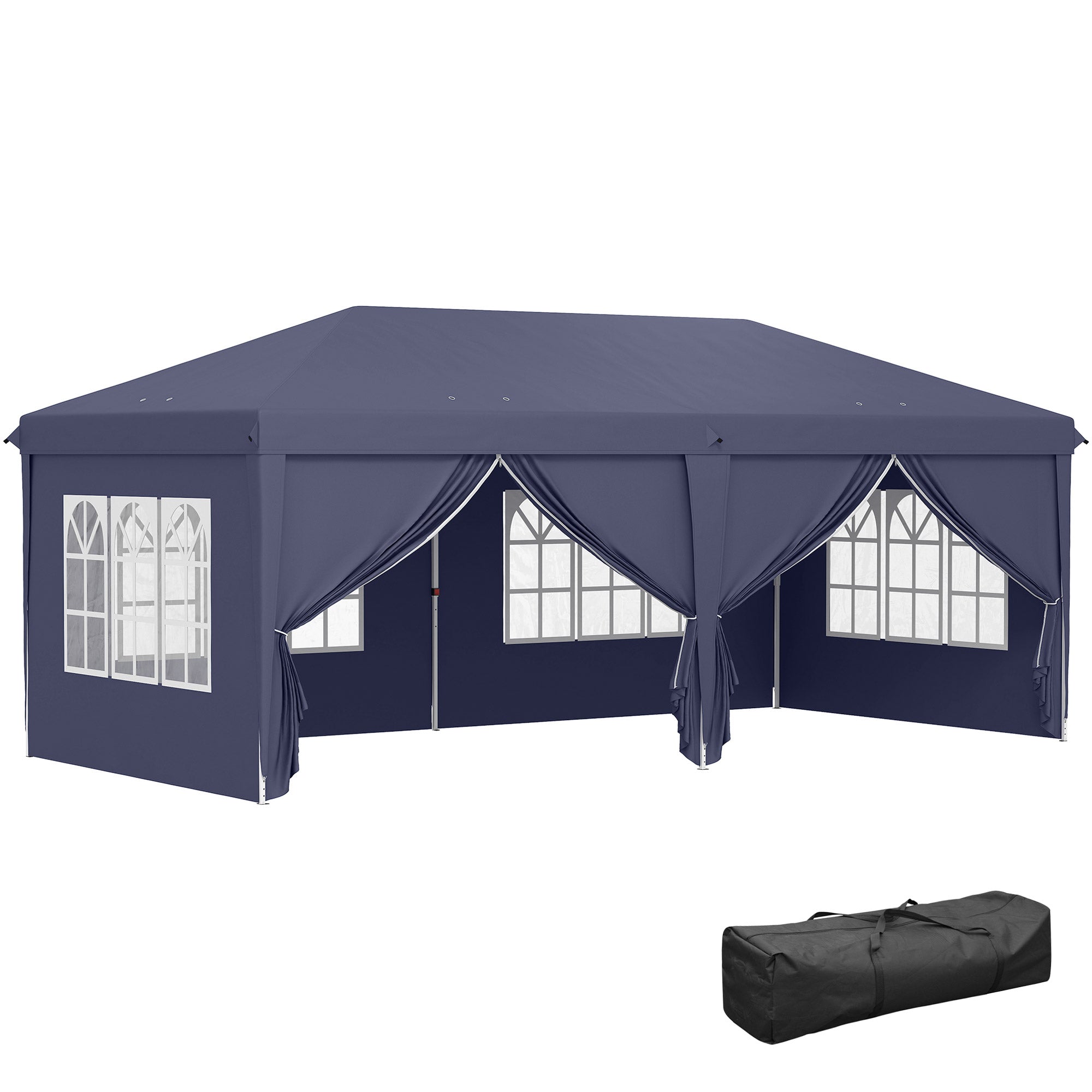 Outsunny Faltpavillon 6 x 3 m, abnehmbare Seitenwände, große Fenster, Reißverschlusstüren, Stahlrahmen, Blau